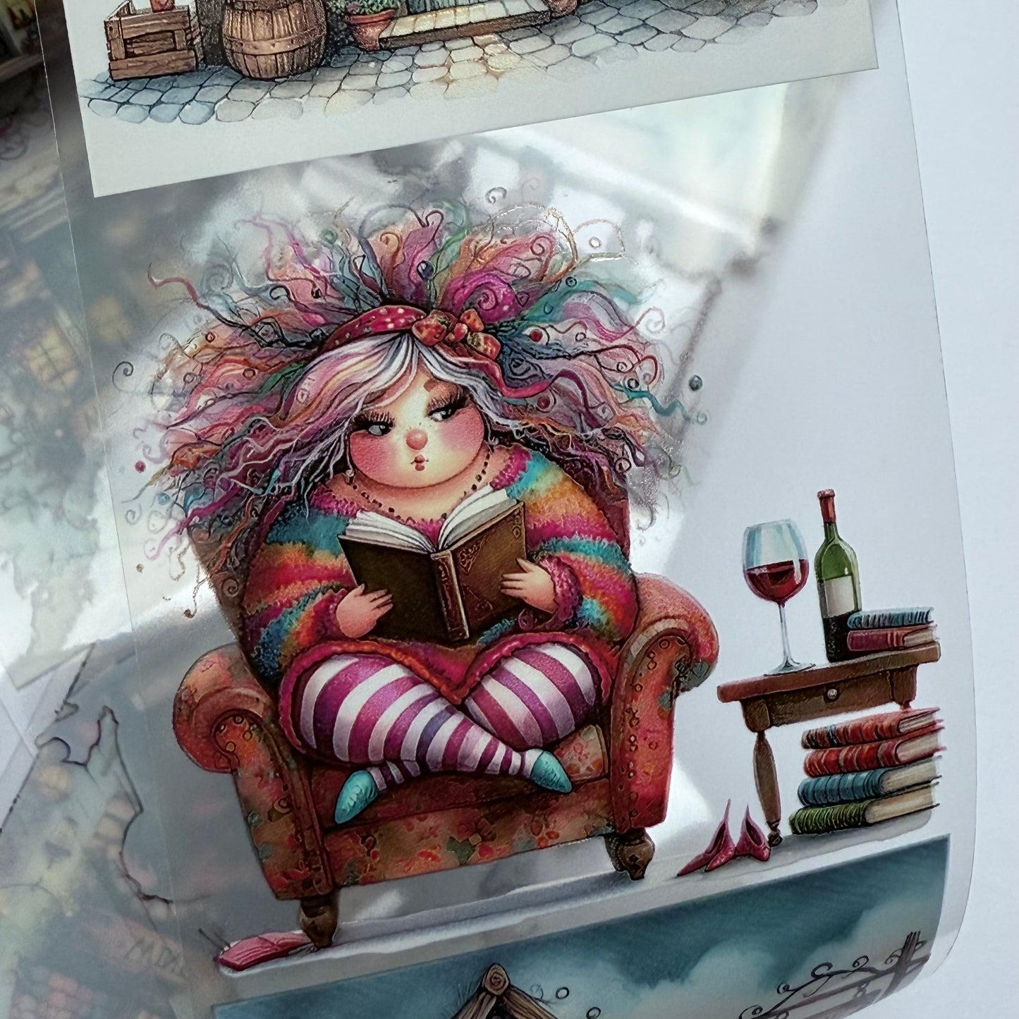 PET 3D raised Quirky Lady with wine and Chocolade tape,one roll fashion, junk journal, scrapbooking,bullet journal, card making.