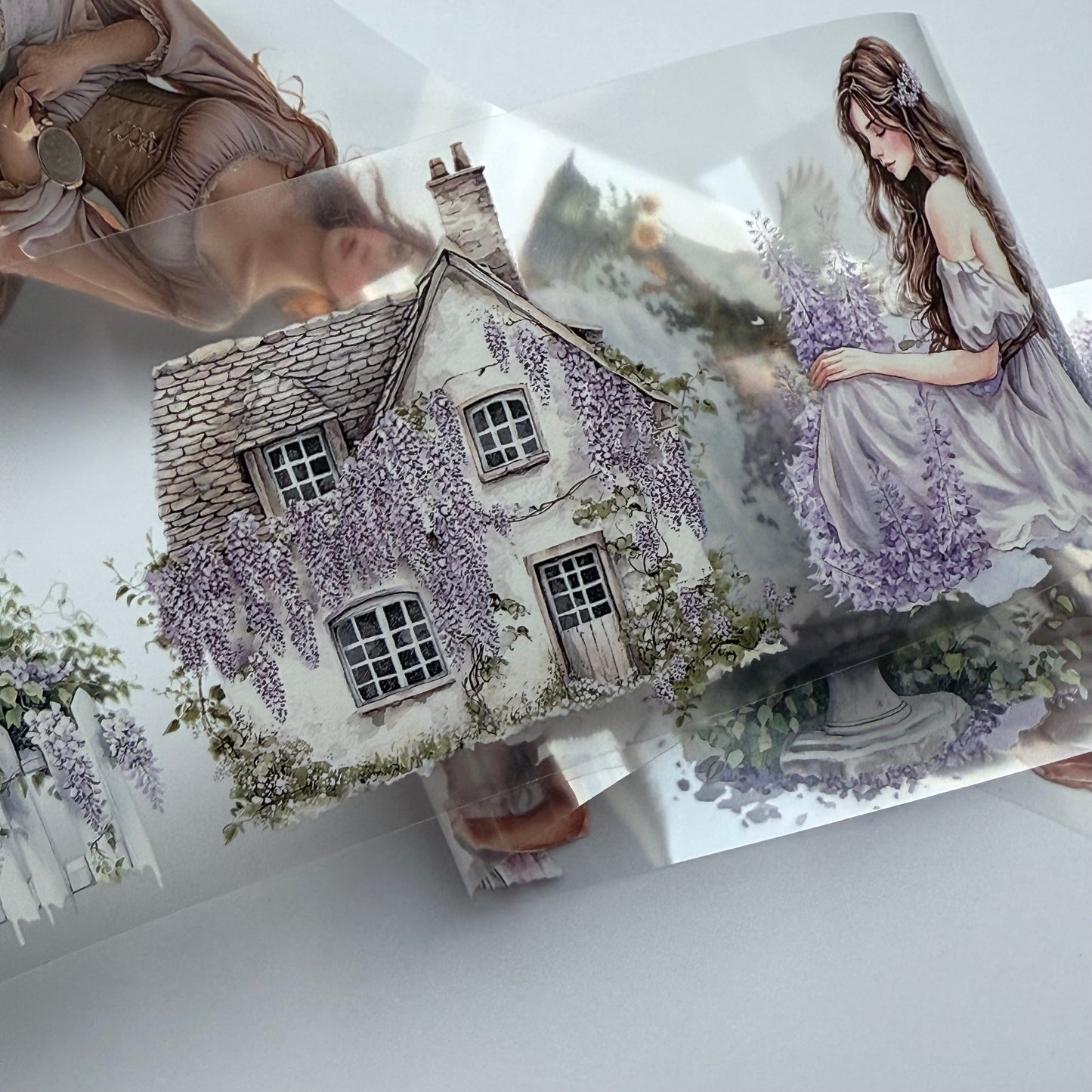 PET 3D raised Violet Wisteria Garden and Sunflower girl tape,one roll fashion, junk journal, scrapbooking,bullet journal, card making.