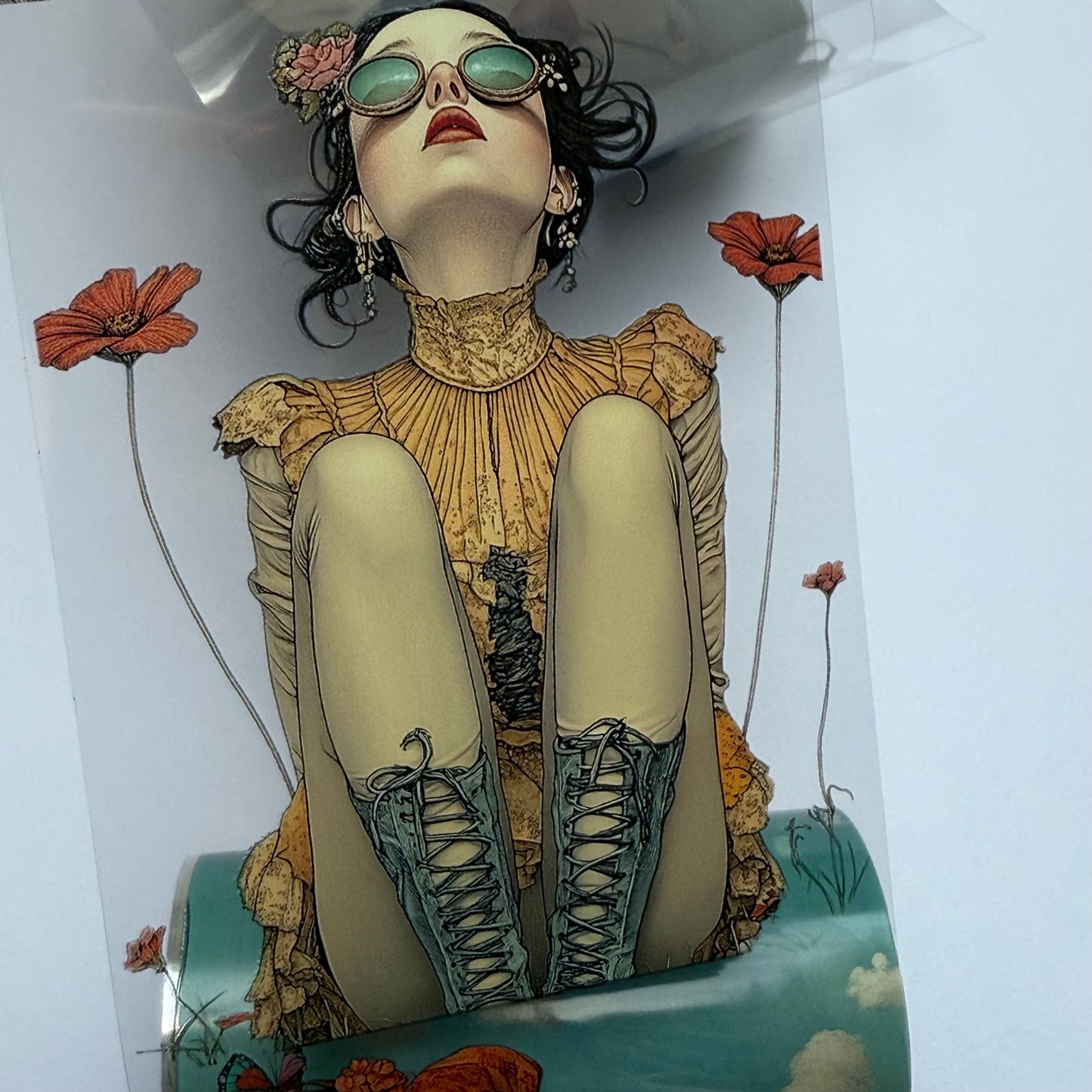 PET 3D raised Whimsical Lady with cat and Spring tape,one roll fashion, junk journal, scrapbooking,bullet journal, card making.