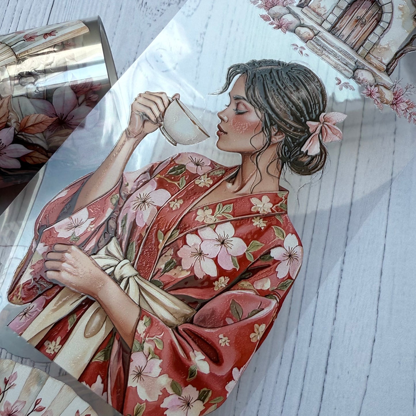 PET 3D raised Cherry Blossom and Sea you soon tape,one roll fashion, junk journal, scrapbooking,bullet journal, card making.