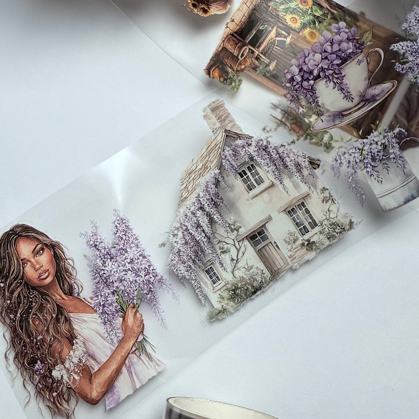 PET 3D raised Violet Wisteria Garden and Sunflower girl tape,one roll fashion, junk journal, scrapbooking,bullet journal, card making.