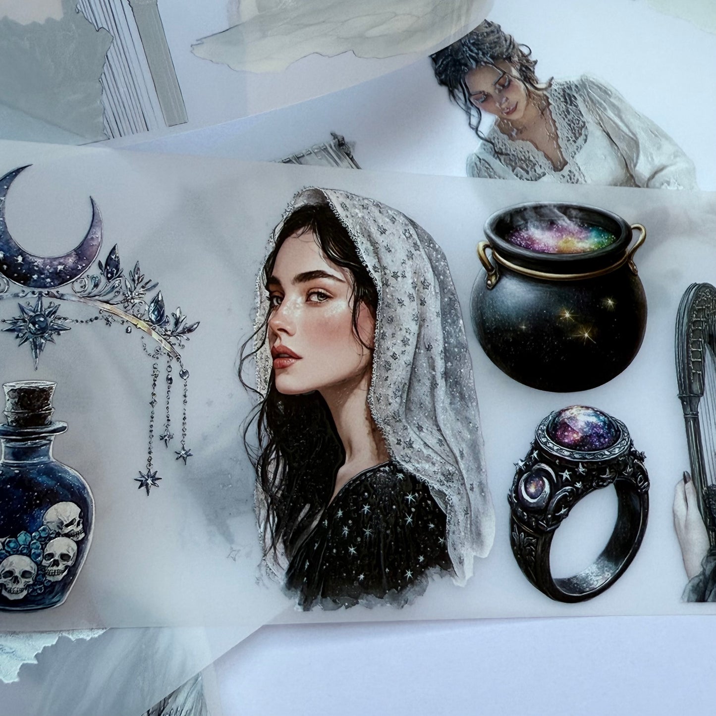 PET 3D raised Lunar Whisper and Night fae tape,one roll fashion, junk journal, scrapbooking,bullet journal, card making.