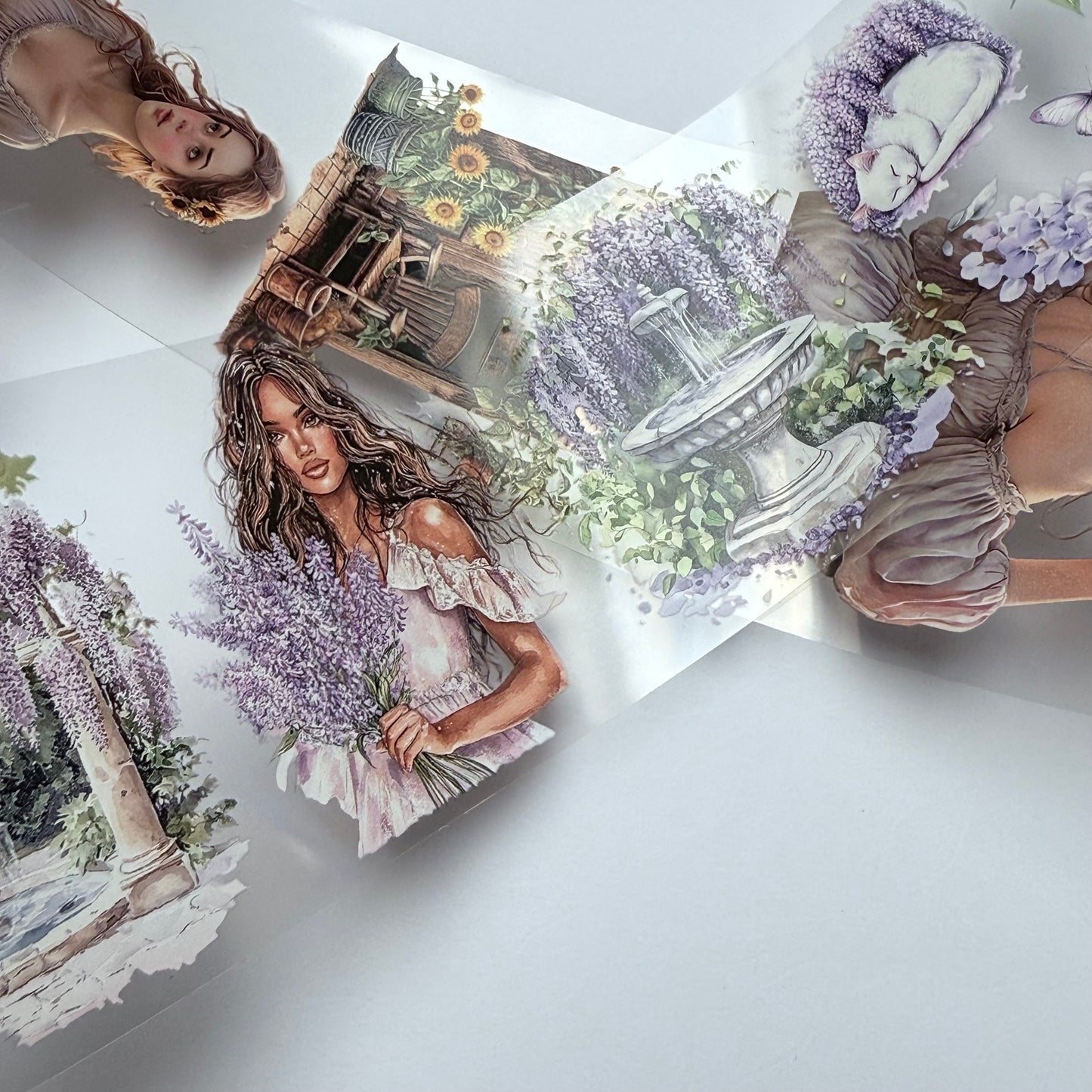 PET 3D raised Violet Wisteria Garden and Sunflower girl tape,one roll fashion, junk journal, scrapbooking,bullet journal, card making.
