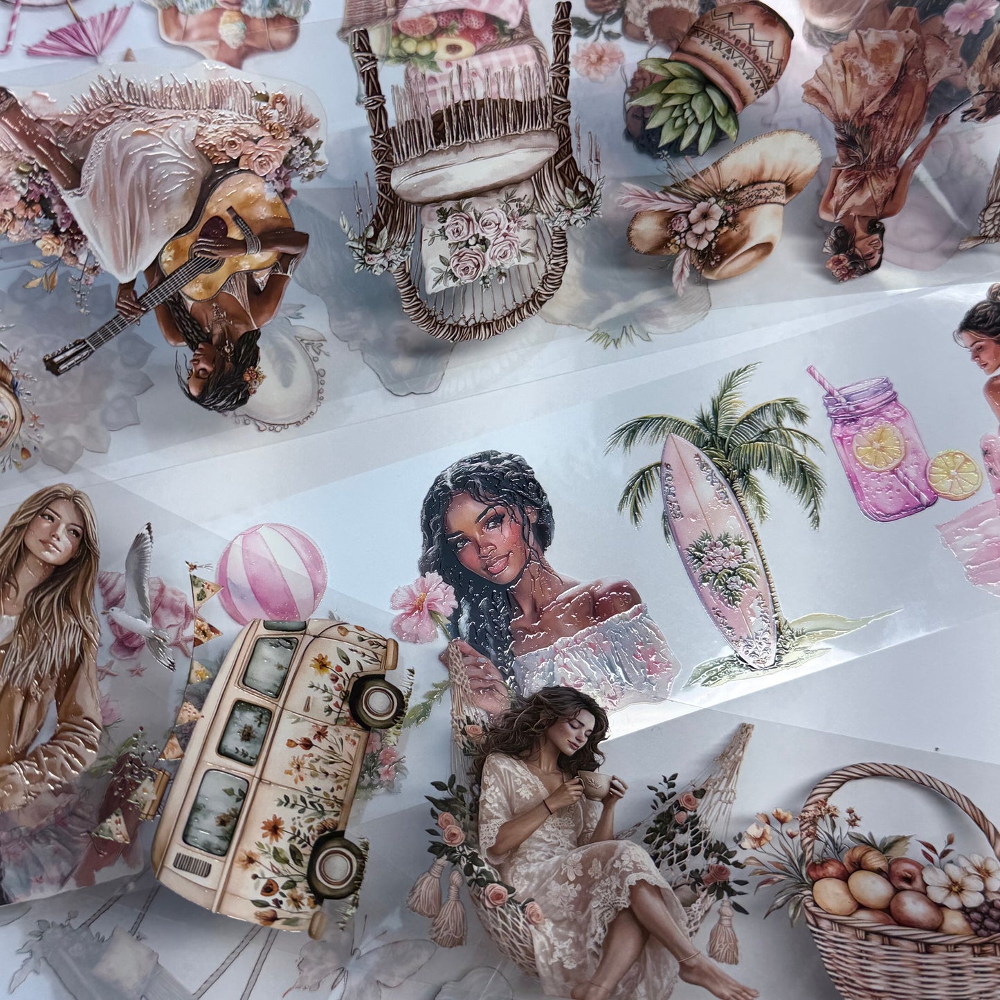 PET 3D raised Boho and Cute Pink Summer tape,one roll fashion, junk journal, scrapbooking,bullet journal, card making.