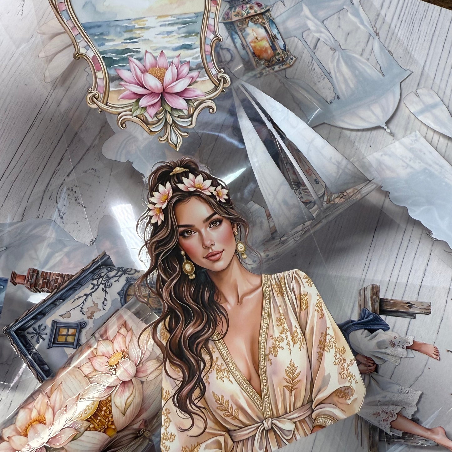 PET 3D raised Coastal village and Gilded lotus tape,one roll fashion, junk journal, scrapbooking,bullet journal, card making.