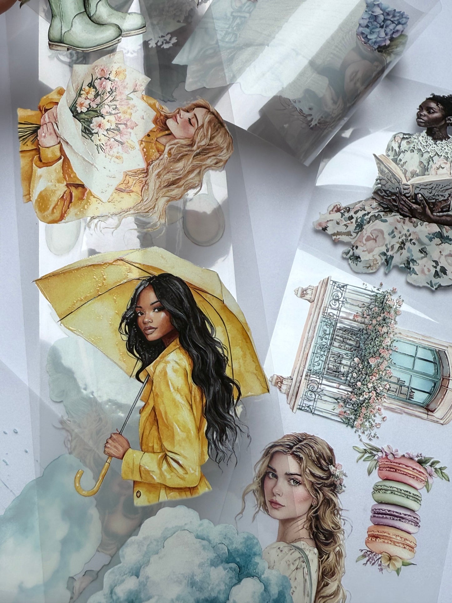 PET 3D raised Vintage Paris dreams and Rainy spring tape,one roll fashion, junk journal, scrapbooking,bullet journal, card making.