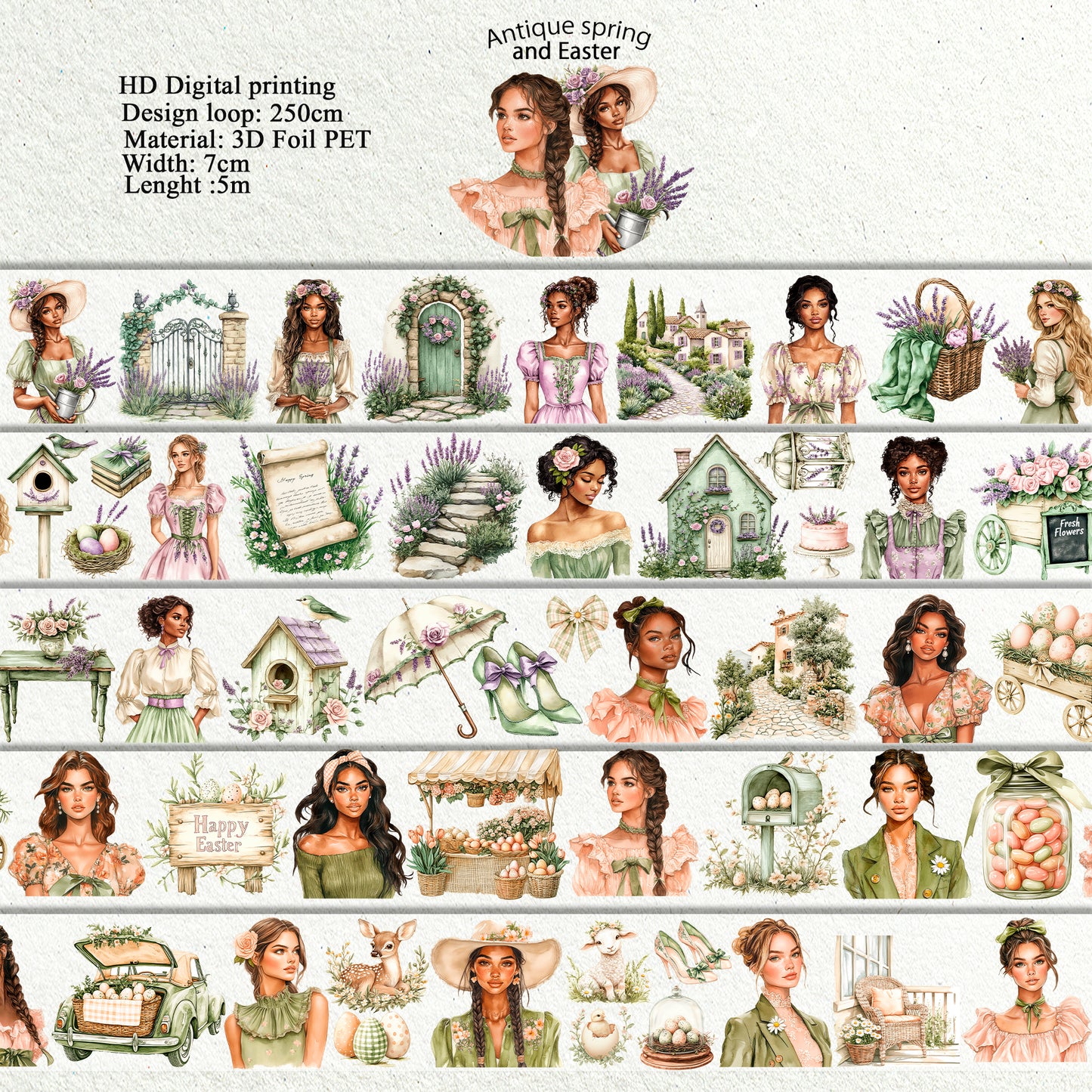 PET 3D raised Antique spring and Easter tape,one roll fashion, junk journal, scrapbooking,bullet journal, card making.