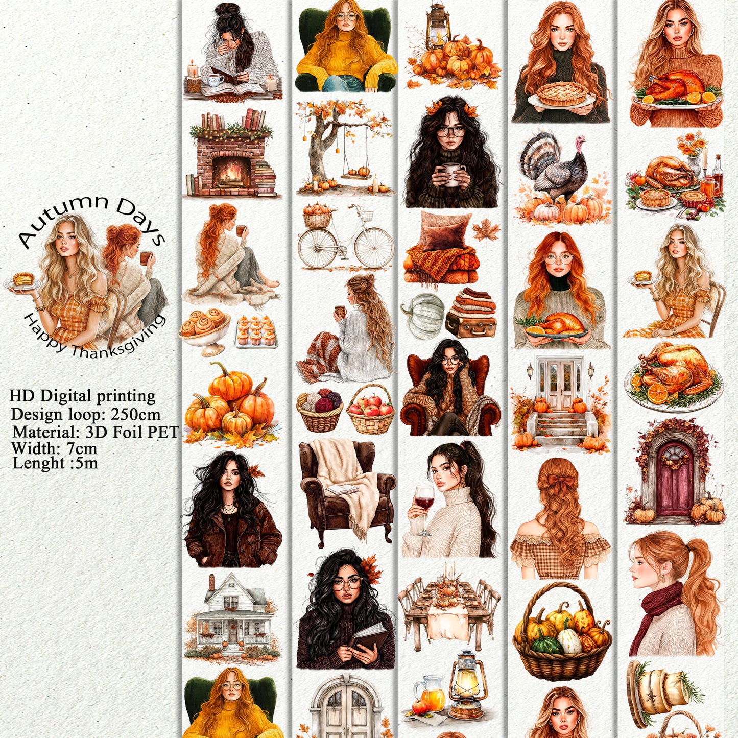 PET 3D raised Autumn Days and Happy Thanksgiving tape,one roll fashion, junk journal, scrapbooking,bullet journal, card making.