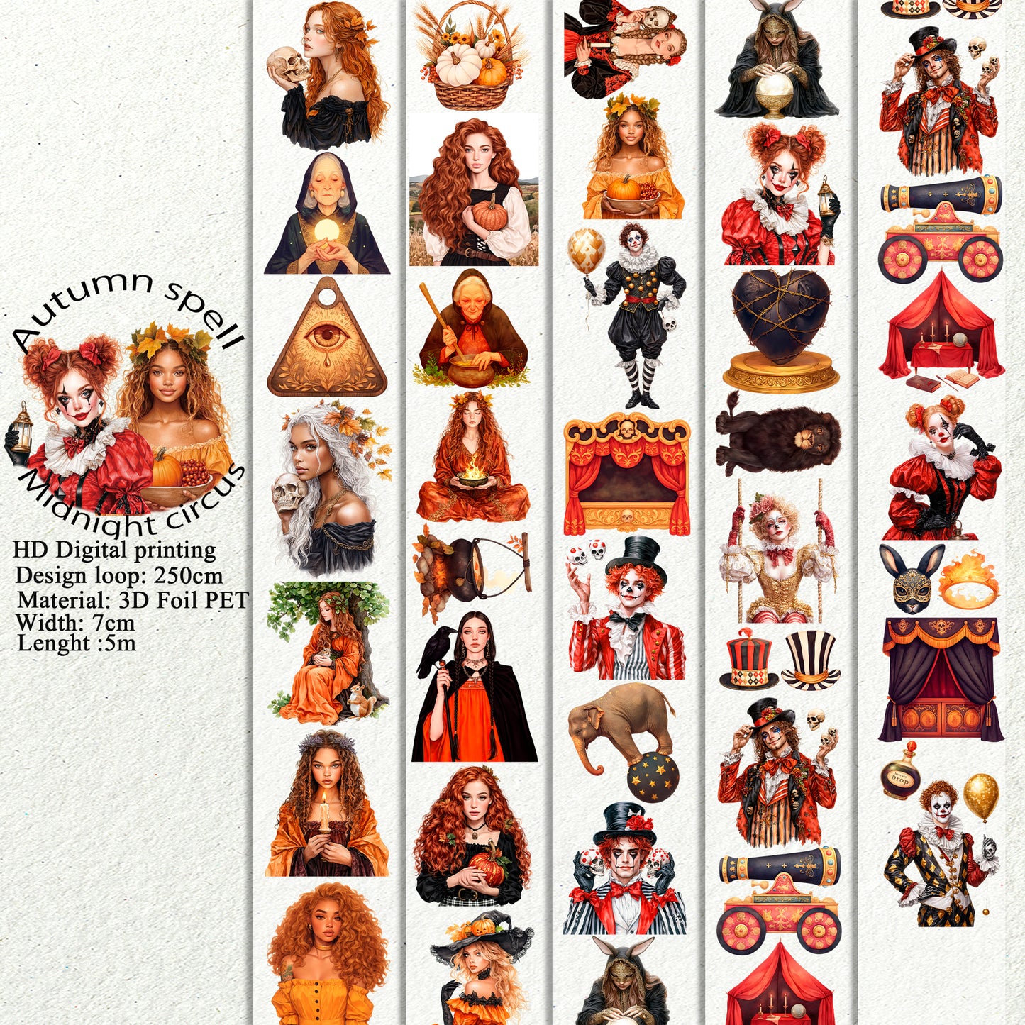PET 3D raised Autumn spell and Midnight circus tape,one roll fashion, junk journal, scrapbooking,bullet journal, card making.