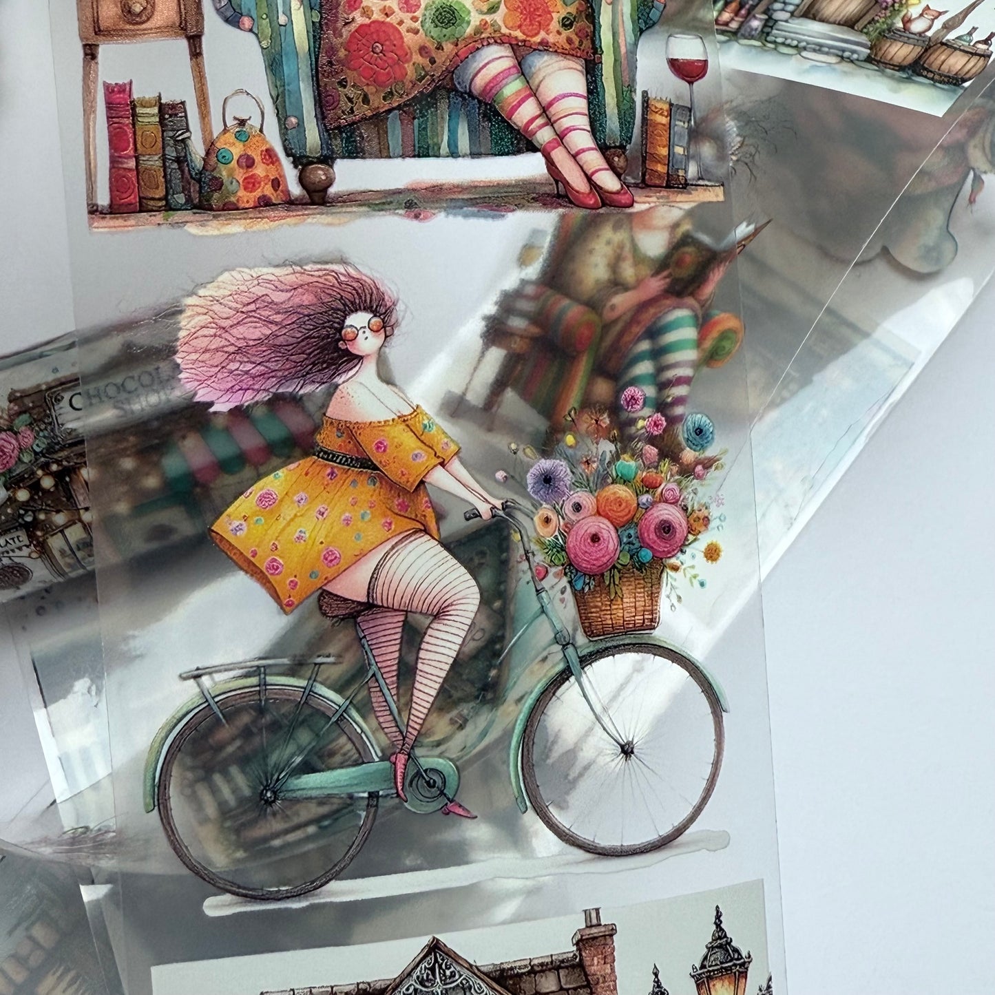 PET 3D raised Quirky Lady with wine and Chocolade tape,one roll fashion, junk journal, scrapbooking,bullet journal, card making.