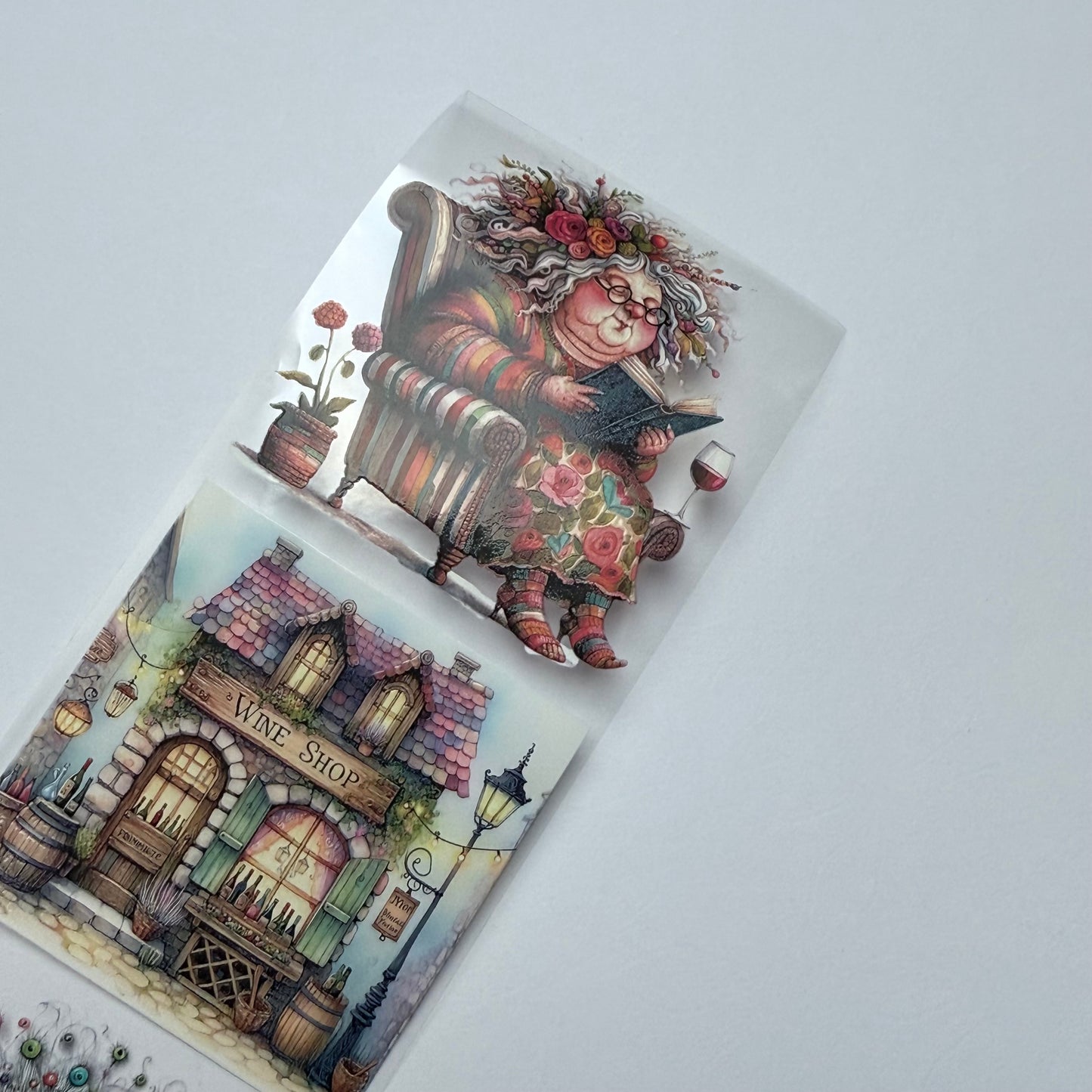 PET 3D raised Quirky Lady with wine and Chocolade tape,one roll fashion, junk journal, scrapbooking,bullet journal, card making.