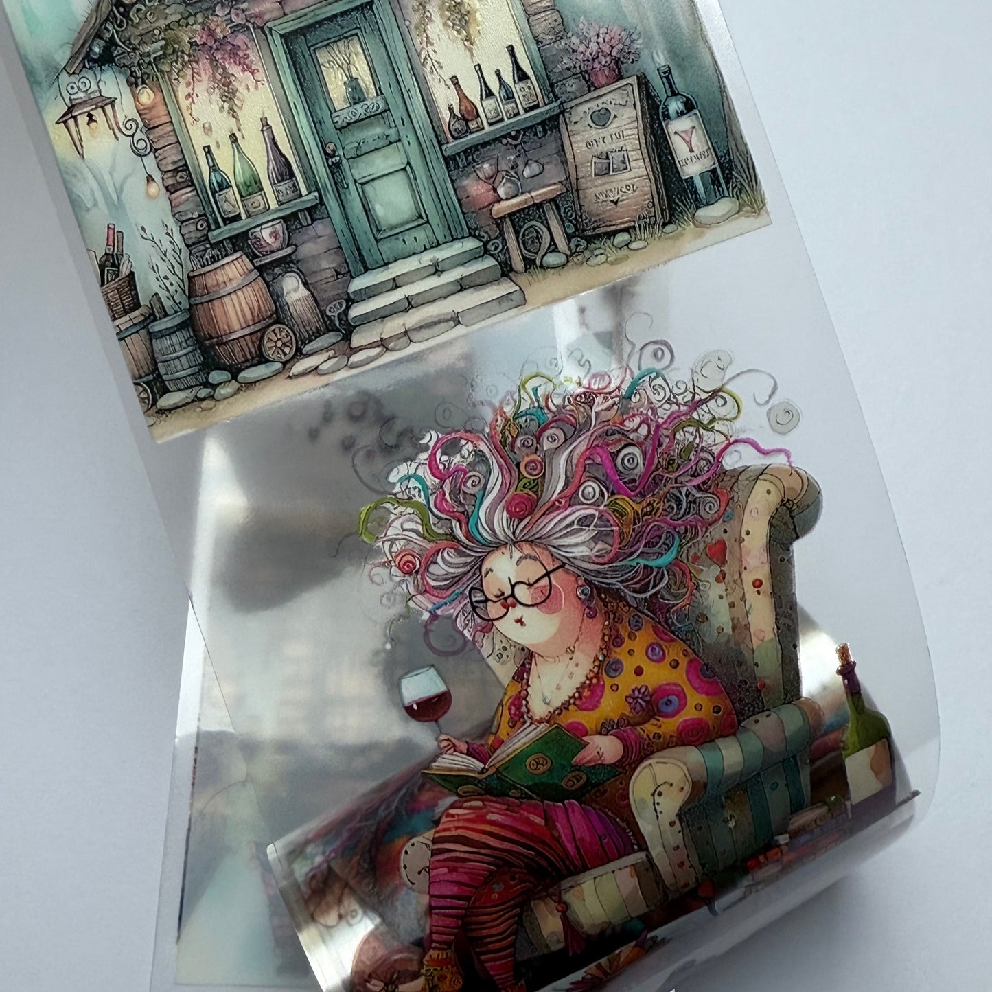 PET 3D raised Quirky Lady with wine and Chocolade tape,one roll fashion, junk journal, scrapbooking,bullet journal, card making.