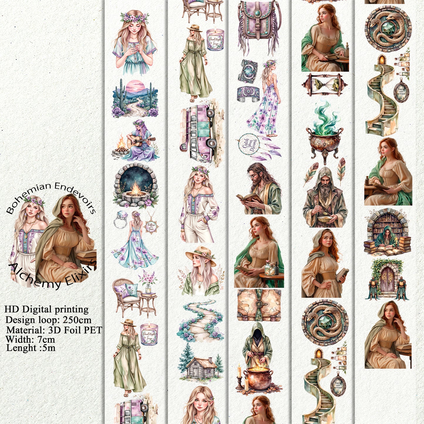 PET 3D raised Bohemian Endevoirs and Alchemy Elixirs tape,one roll fashion, junk journal, scrapbooking,bullet journal, card making.