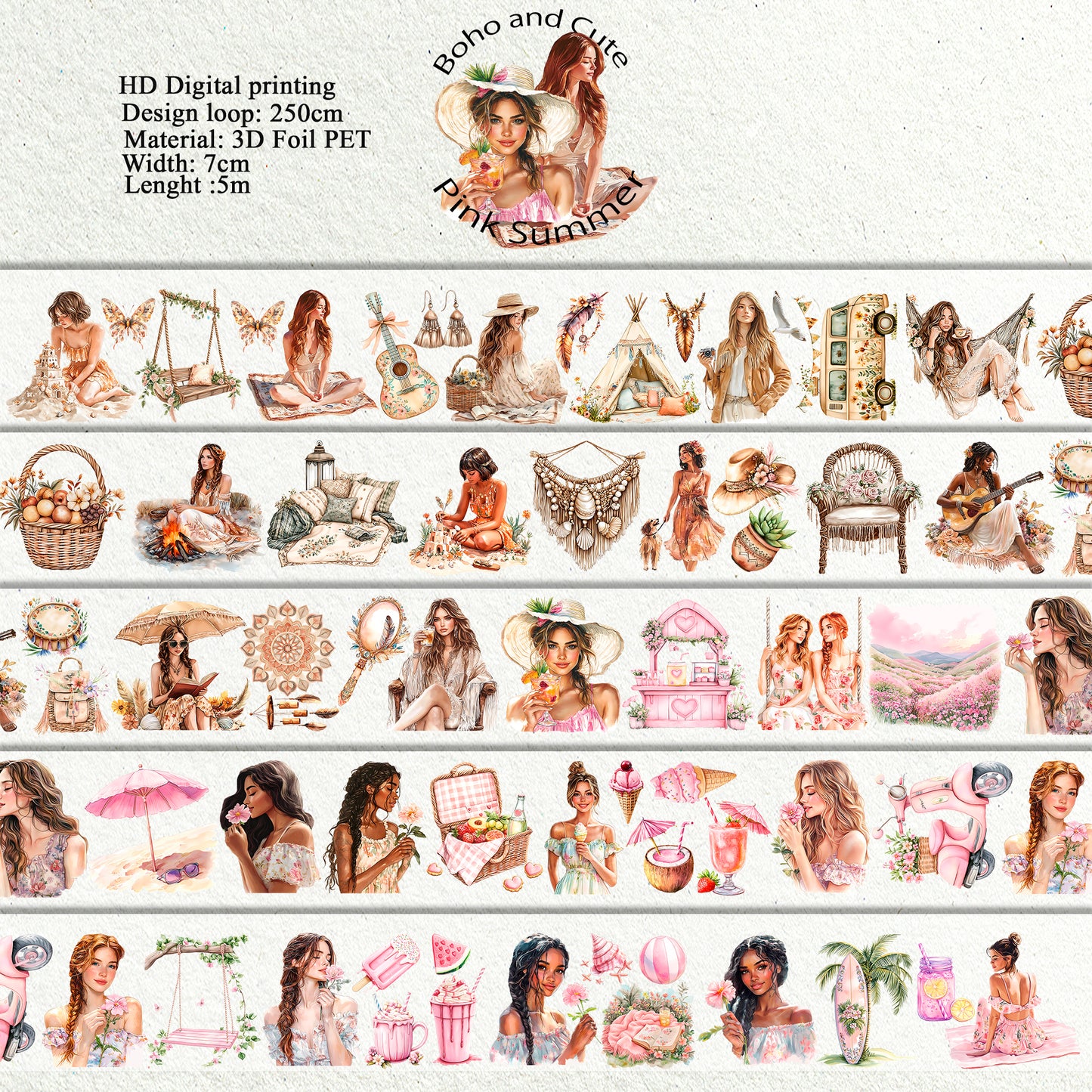 PET 3D raised Boho and Cute Pink Summer tape,one roll fashion, junk journal, scrapbooking,bullet journal, card making.