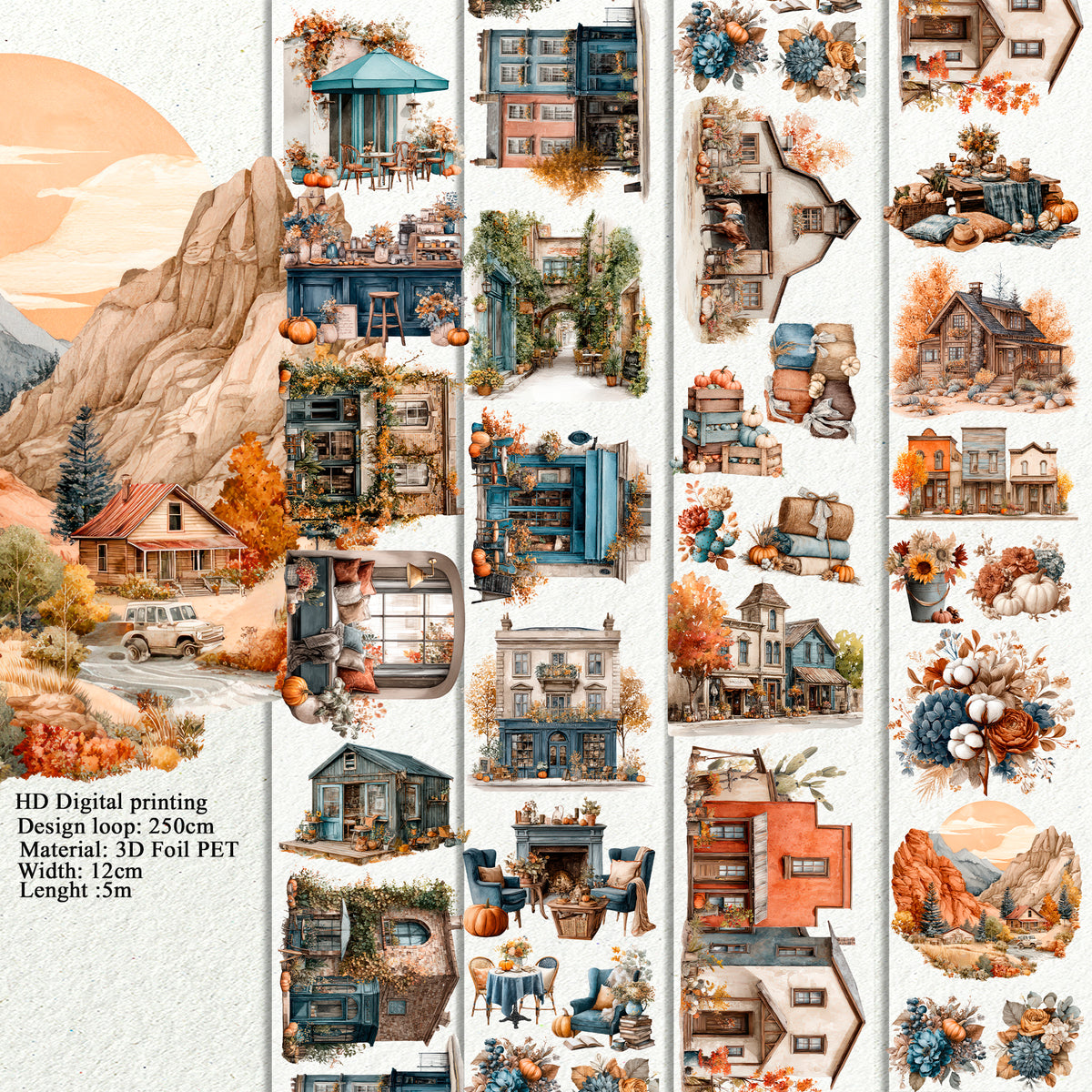 Cozy Autumn Cafe and Western fall Landscape PET 3D raised tape.