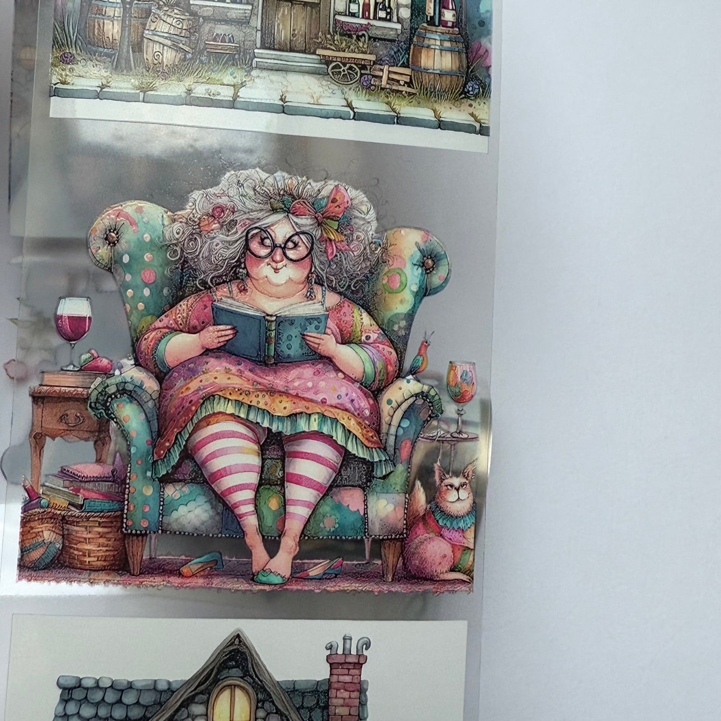 PET 3D raised Quirky Lady with wine and Chocolade tape,one roll fashion, junk journal, scrapbooking,bullet journal, card making.