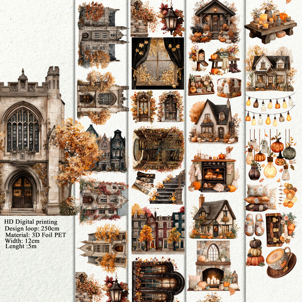 Dark Academia Autumn and Cozy Halloween Home Landscape PET 3D raised tape.