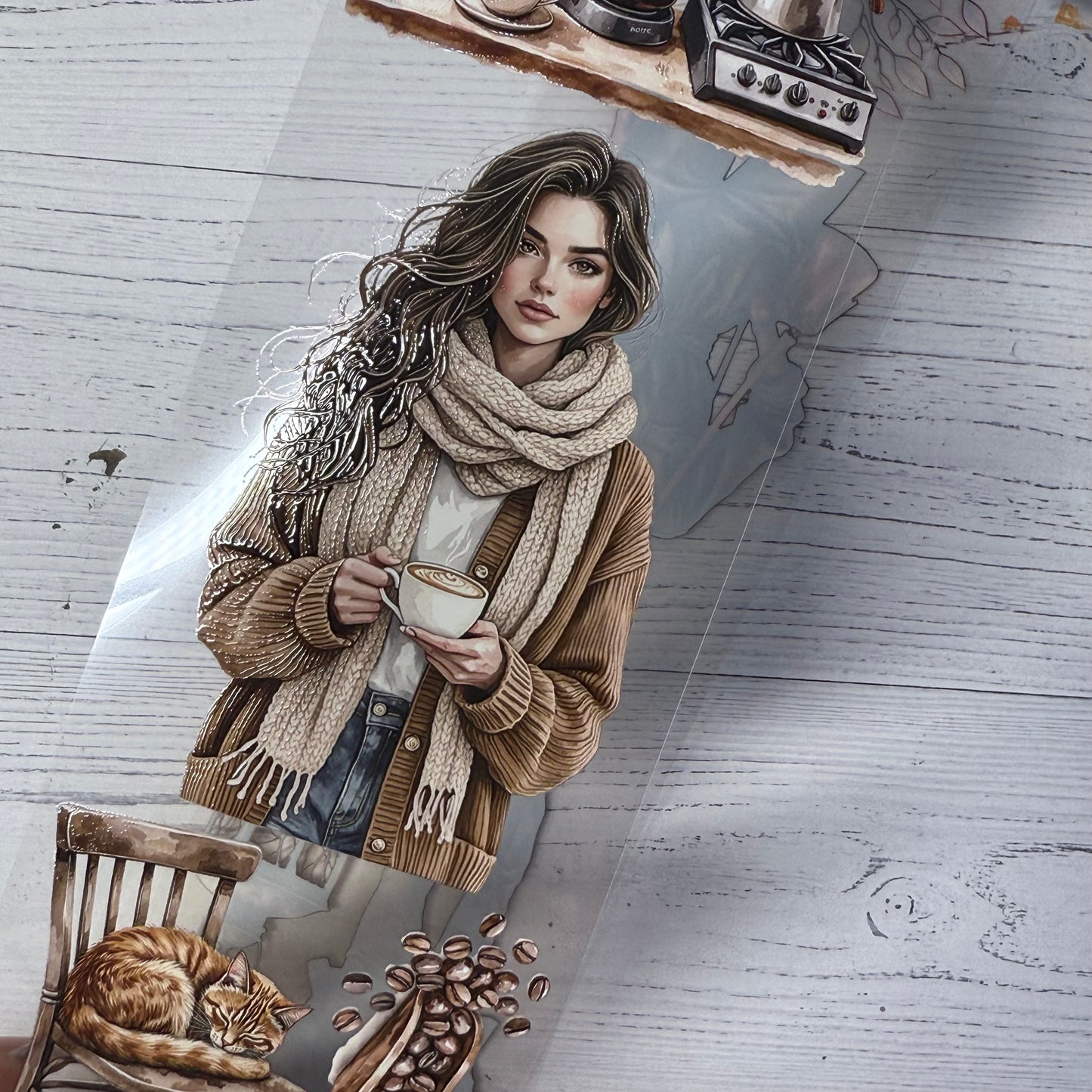 PET 3D raised Coffee lover and Mossy autumn tape,one roll fashion, junk journal, scrapbooking,bullet journal, card making.