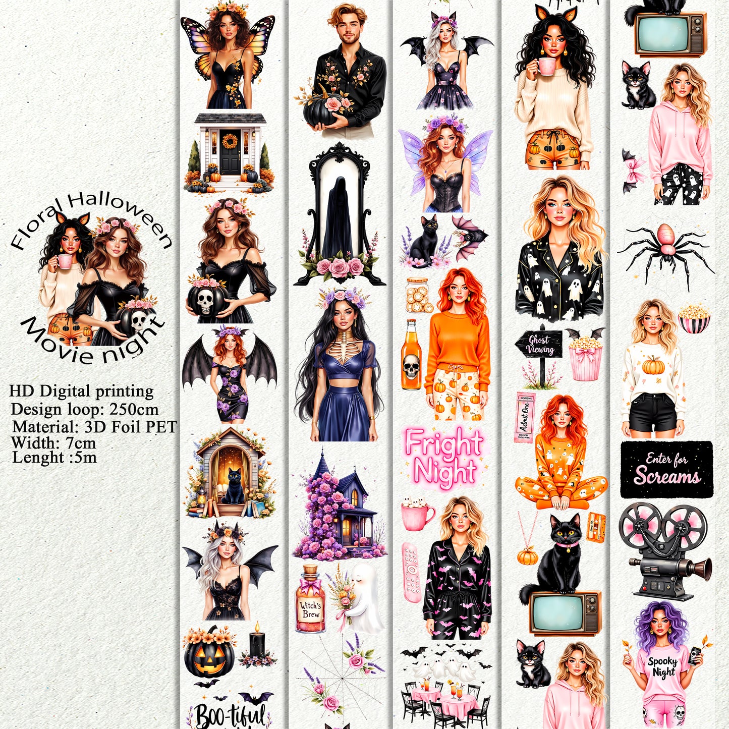 PET 3D raised Floral Halloween and movie night tape,one roll fashion, junk journal, scrapbooking,bullet journal, card making.