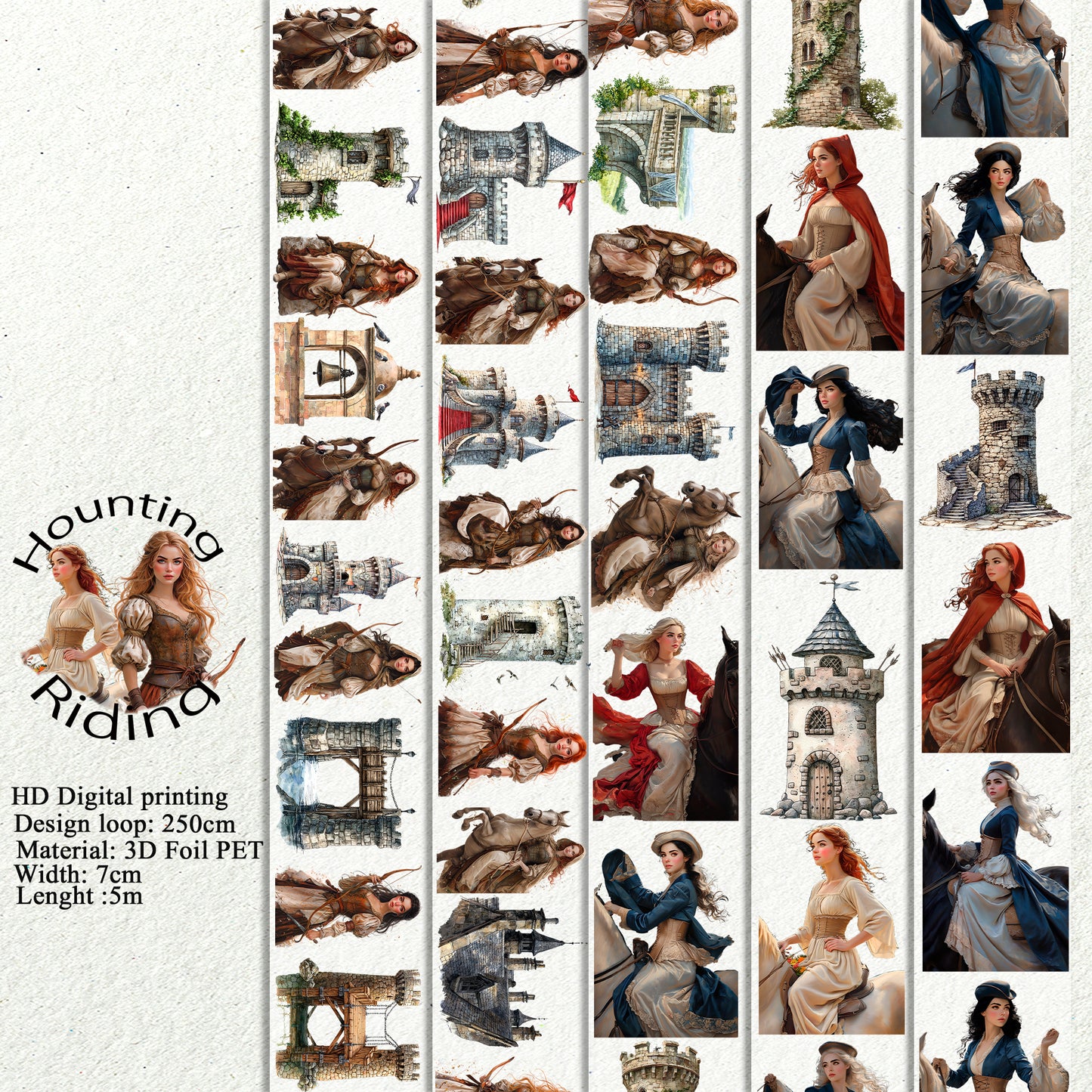 PET 3D raised Hunting and riding tape,one roll fashion, junk journal, scrapbooking,bullet journal, card making.