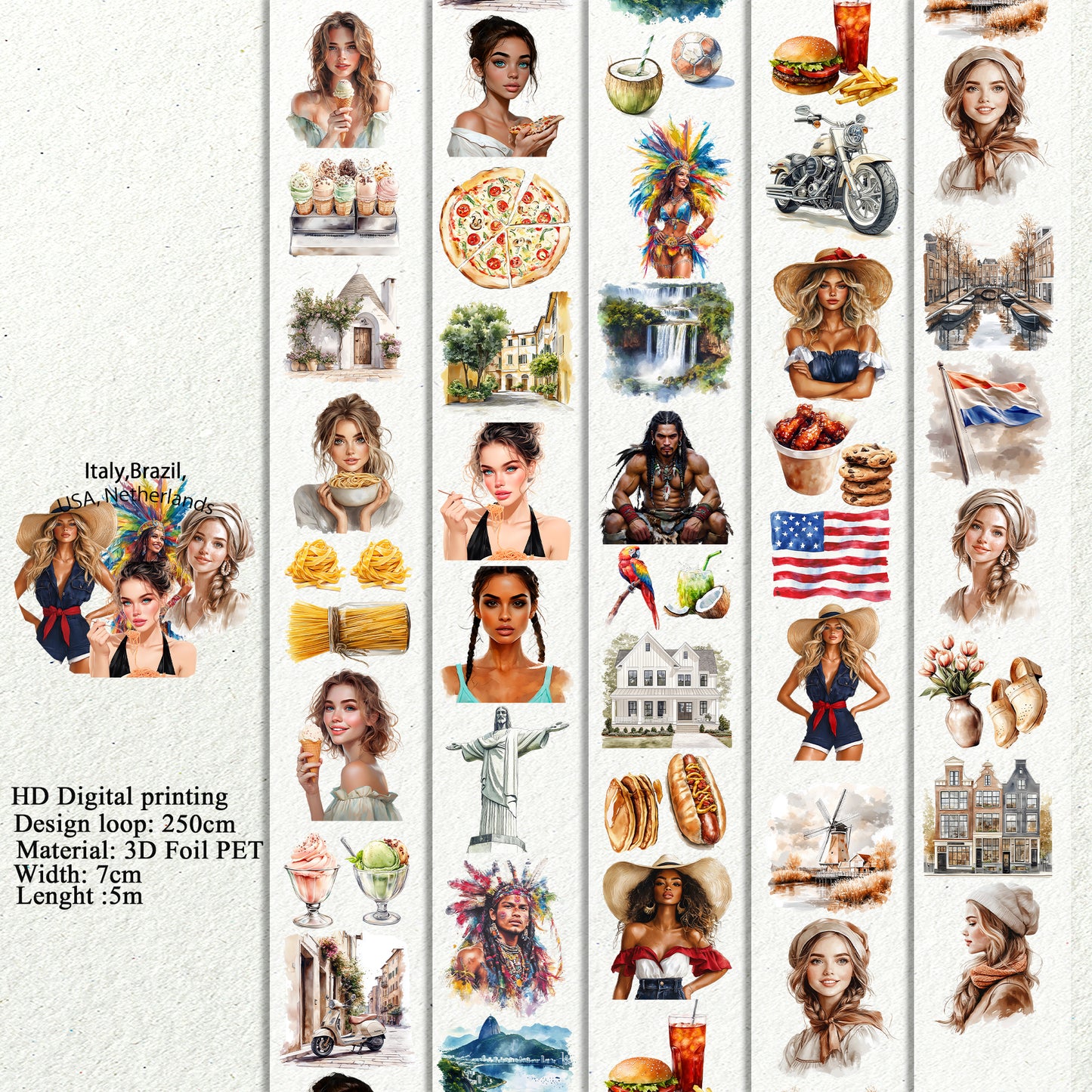 PET 3D raised Italy,Brazil, USA, Netherlands tape,one roll fashion, junk journal, scrapbooking,bullet journal, card making.