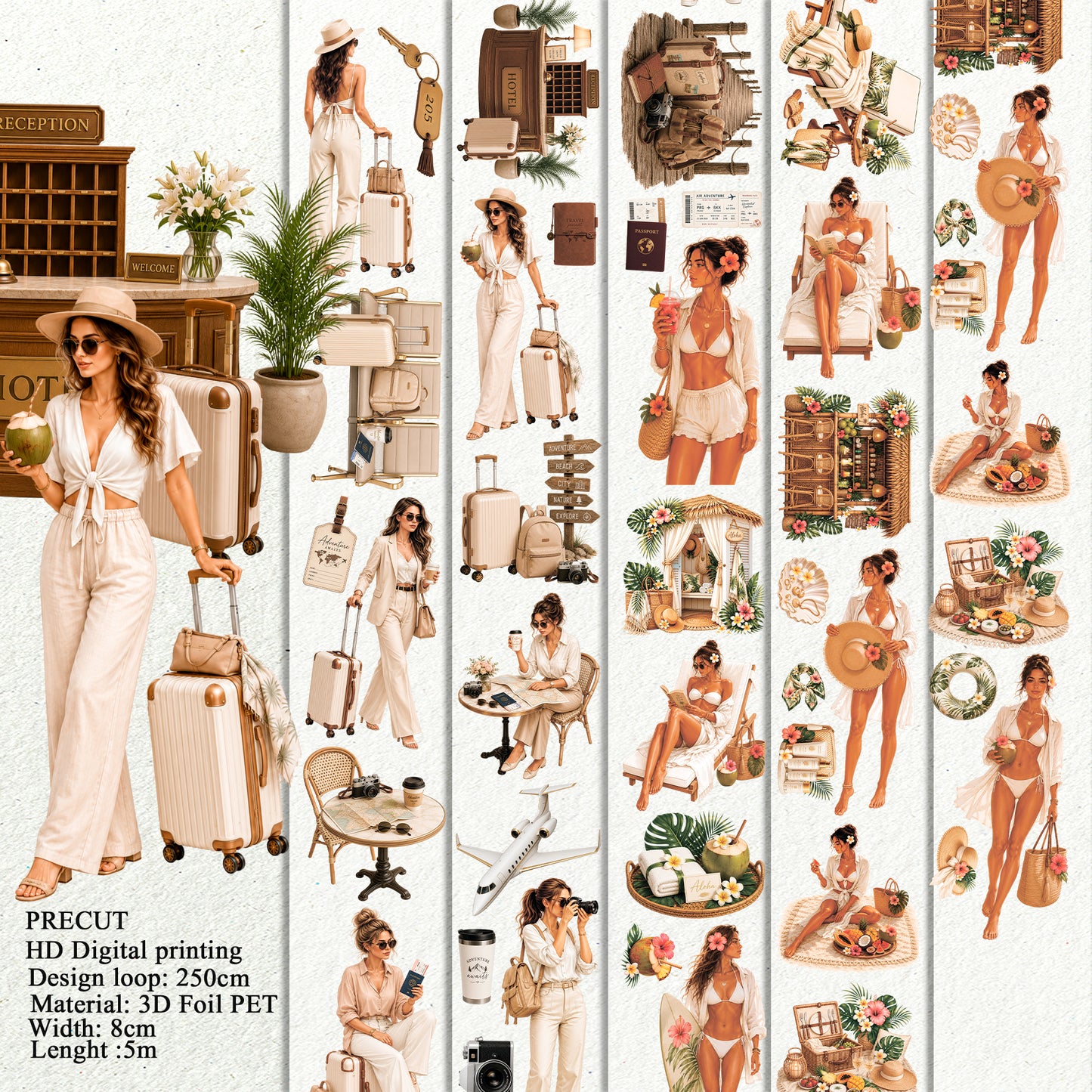 KISSCUT Travel Lifestyle and Tropical Summer PET 3D raised tape,one roll fashion, junk journal, scrapbooking,bullet journal, card making.