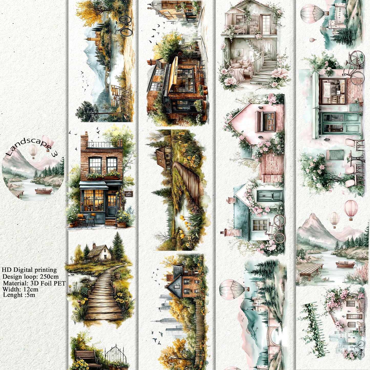PET 3D raised Landscape3 tape,one roll fashion, junk journal, scrapbooking,bullet journal, card making.