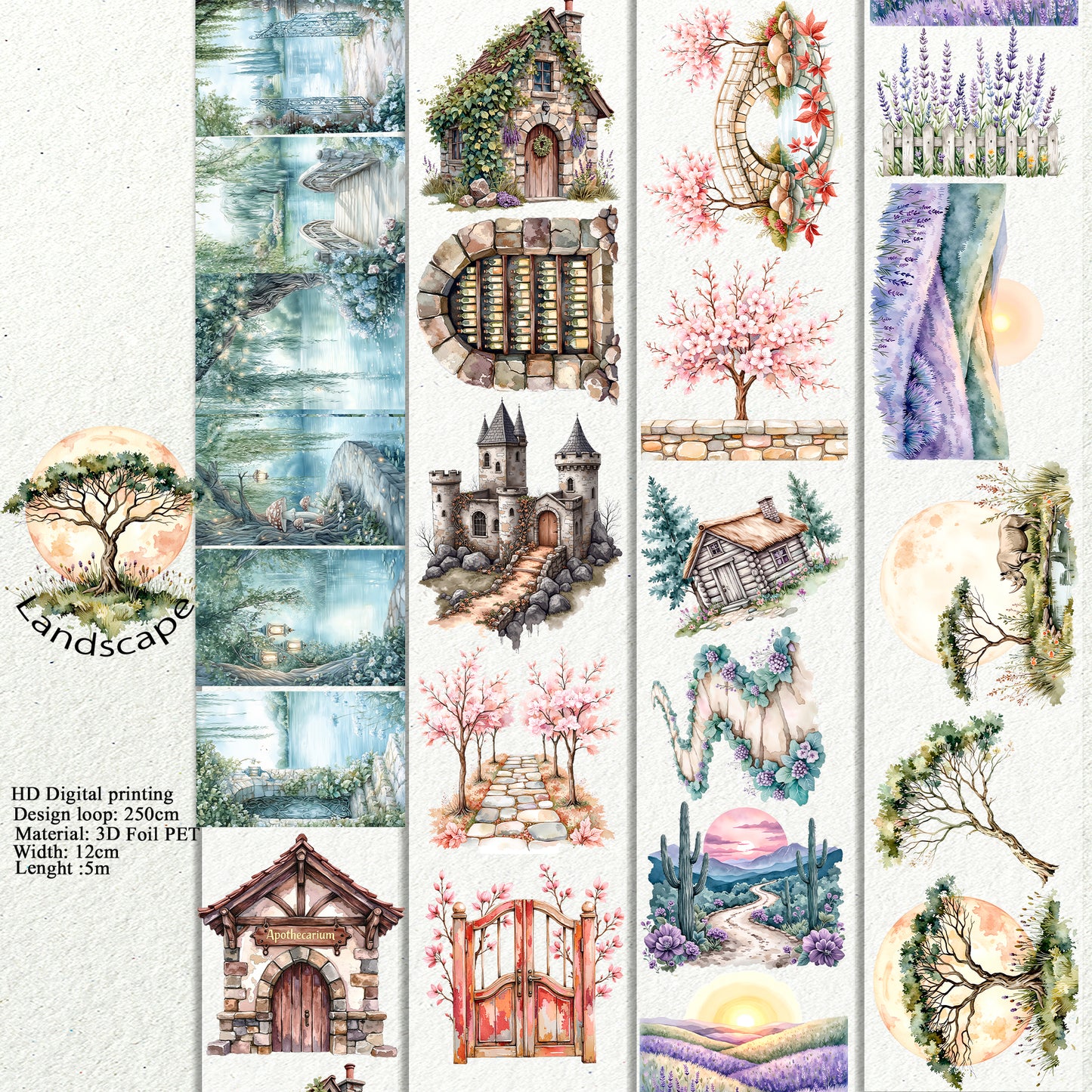 PET 3D raised Landscape tape,one roll fashion, junk journal, scrapbooking,bullet journal, card making.