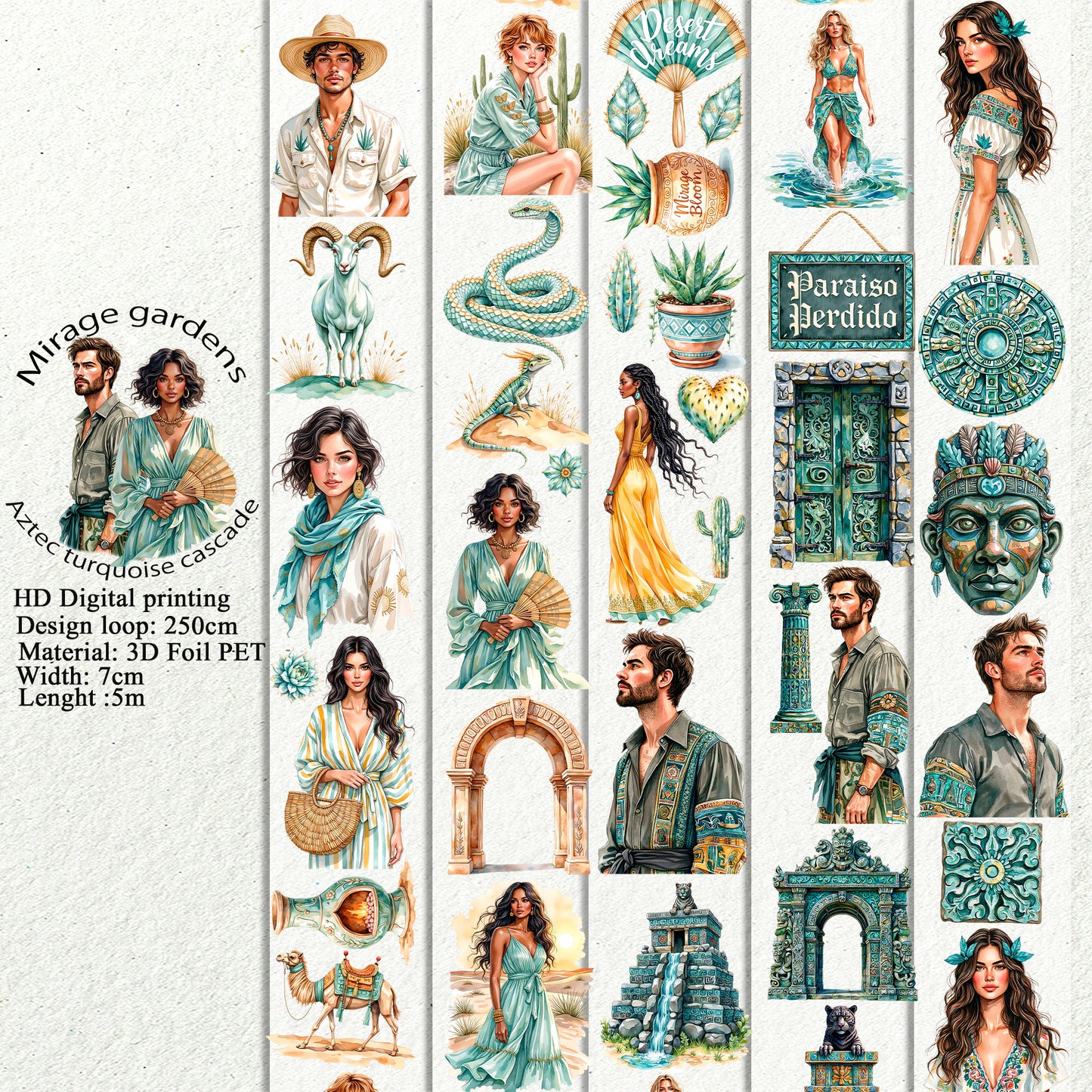 PET 3D raised Mirage gardens and Aztec turquoise cascade tape,one roll fashion, junk journal, scrapbooking,bullet journal, card making.