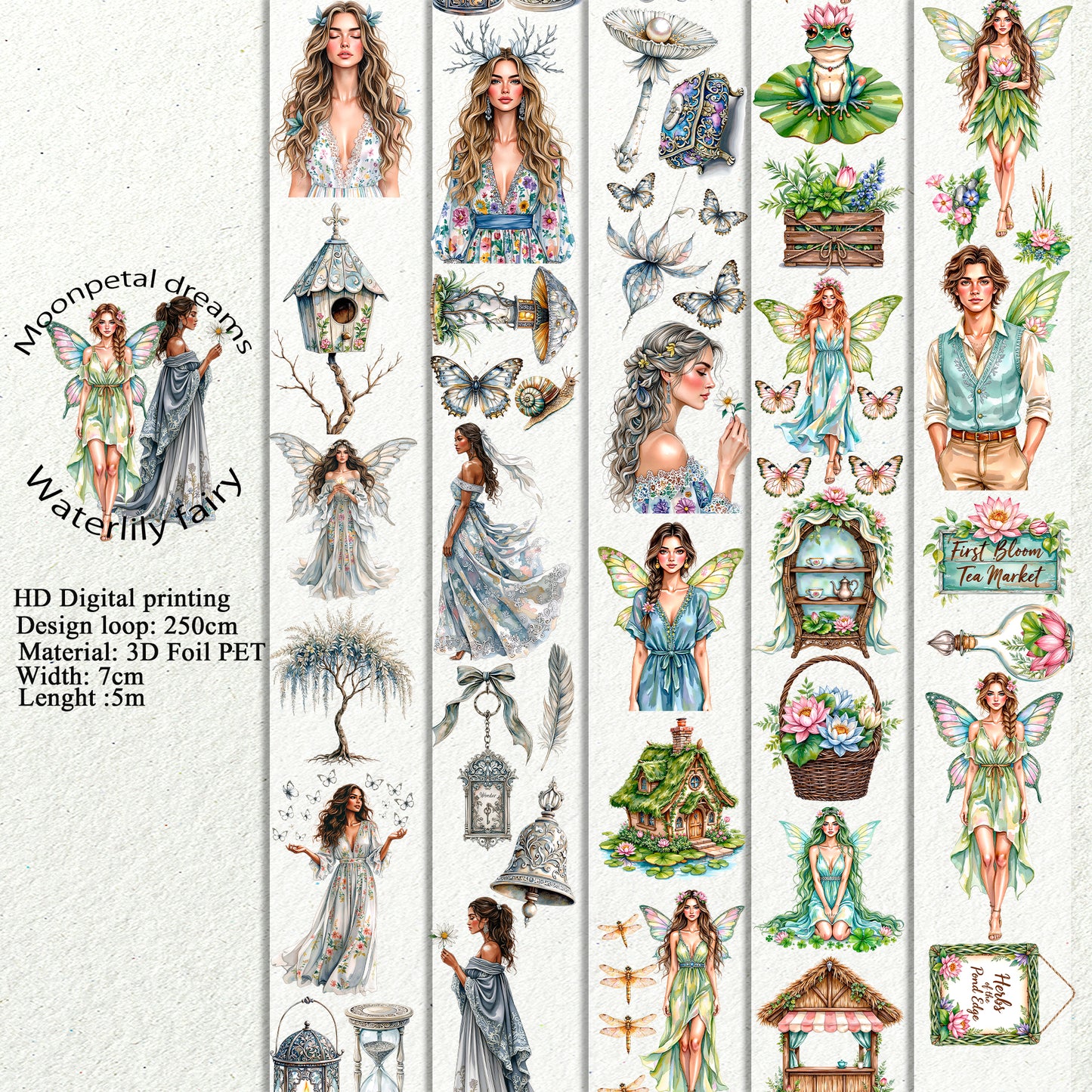 PET 3D raised Moonpetal dreams and Waterlily fairy tape,one roll fashion, junk journal, scrapbooking,bullet journal, card making.
