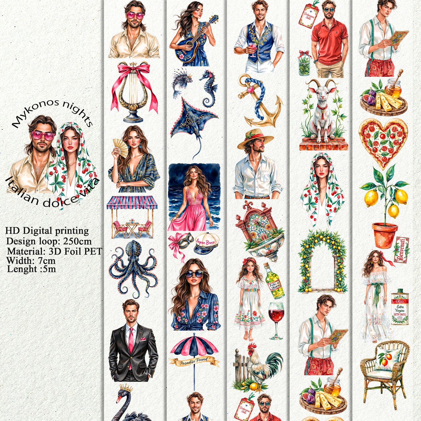 PET 3D raised Mykonos nights and Italian dolce vita tape,one roll fashion, junk journal, scrapbooking,bullet journal, card making.