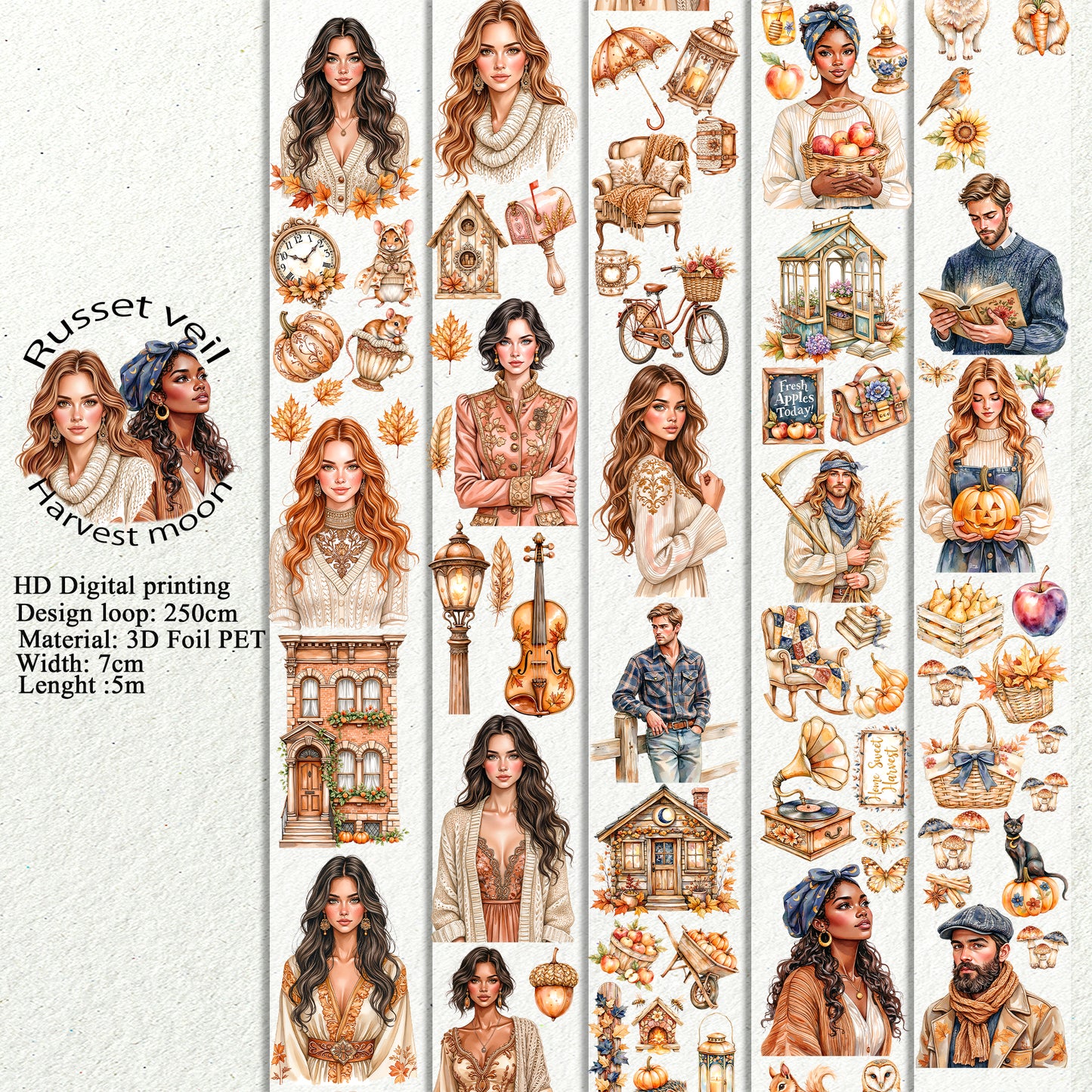 PET 3D raised Russet veil and Harvest moon tape,one roll fashion, junk journal, scrapbooking,bullet journal, card making.