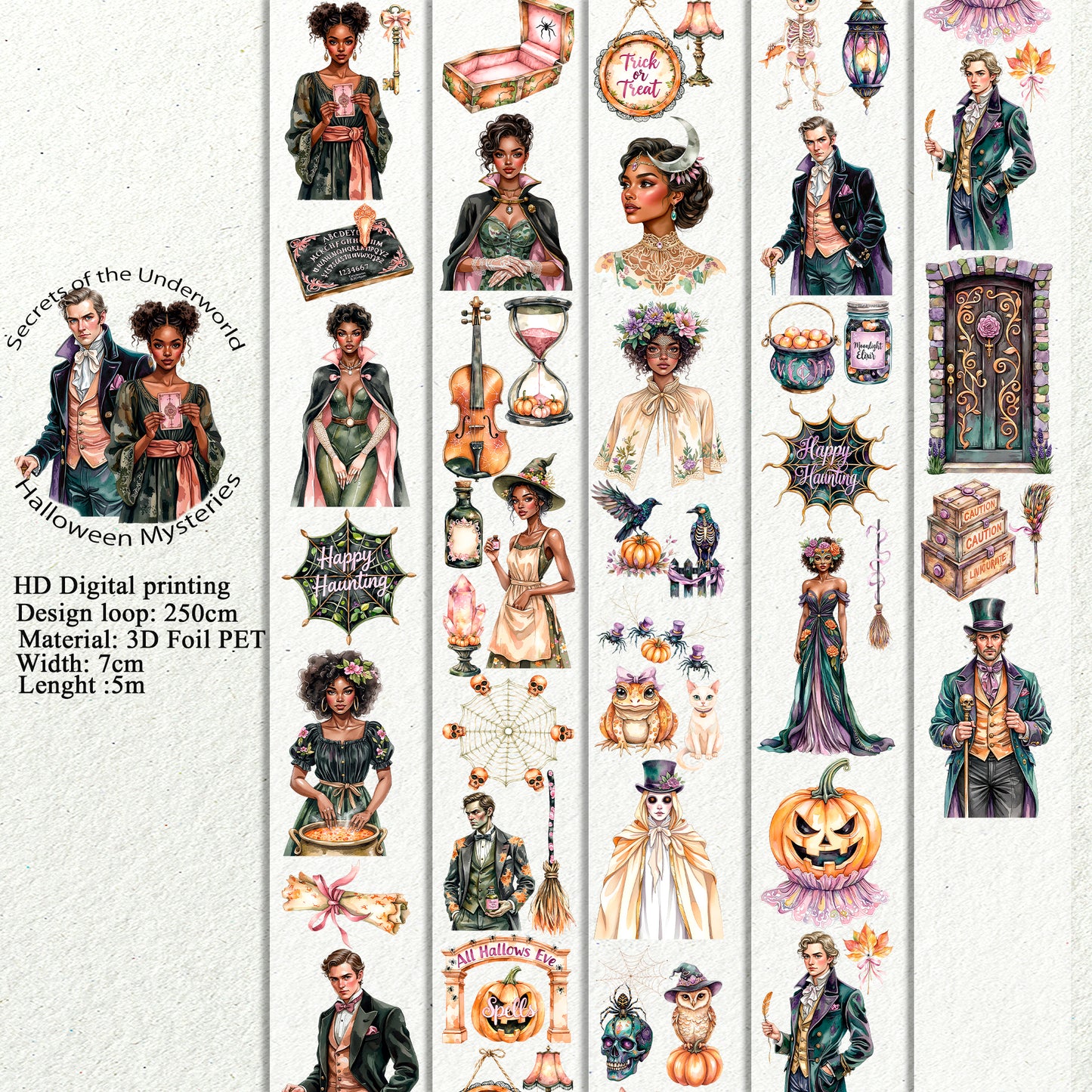 PET 3D raised Secrets of the Underworld and Halloween Mysteries tape,one roll fashion, junk journal, scrapbooking,bullet journal, card making.