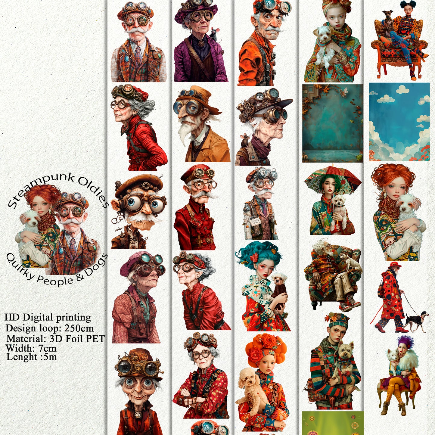 PET 3D raised Steampunk Oldies and Quirky People & Dogs tape,one roll fashion, junk journal, scrapbooking,bullet journal, card making.