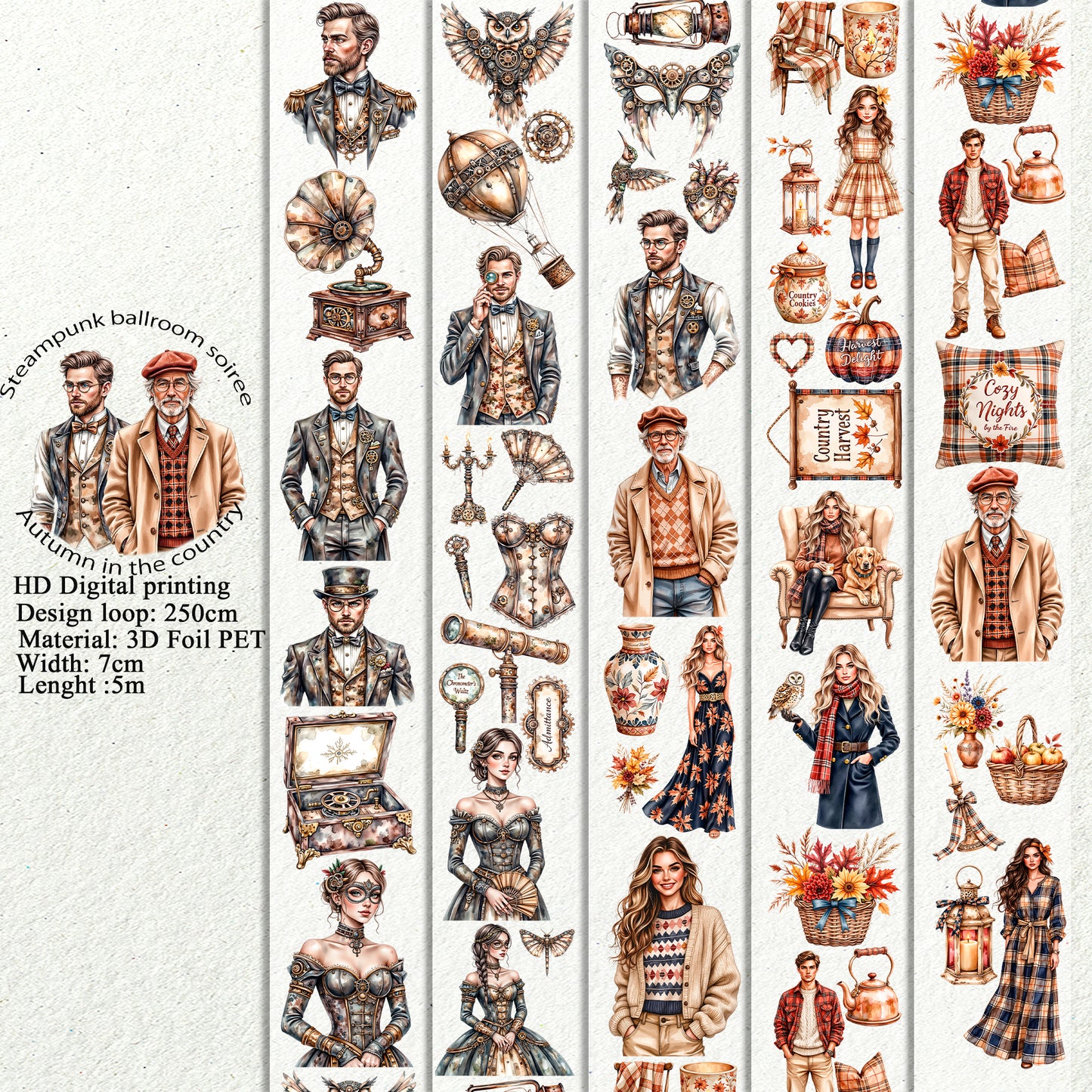 PET 3D raised Steampunk ballroom soiree and Autumn in the country tape,one roll fashion, junk journal, scrapbooking,bullet journal, card making.