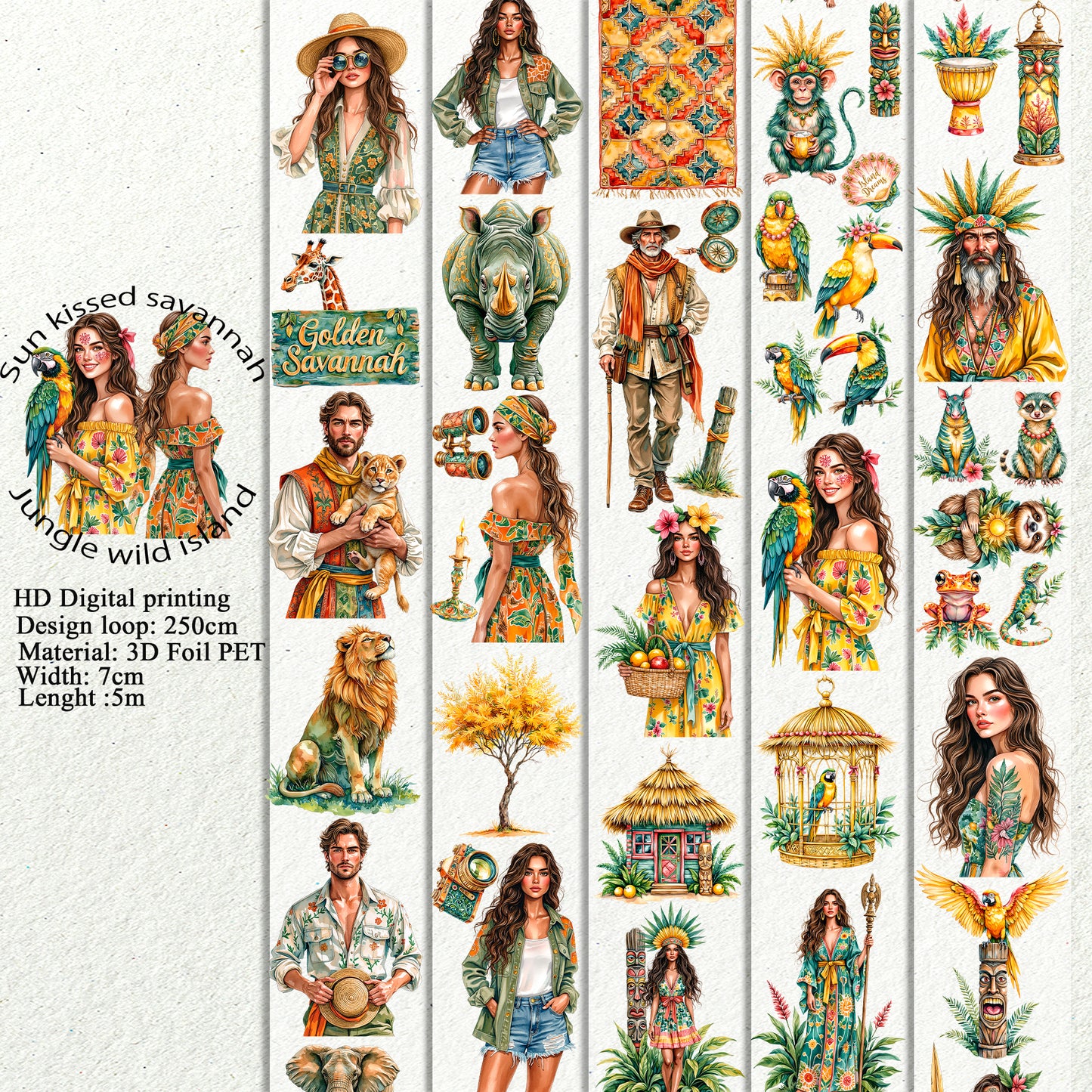 PET 3D raised Sun kissed savannah and Jungle wild island tape,one roll fashion, junk journal, scrapbooking,bullet journal, card making.