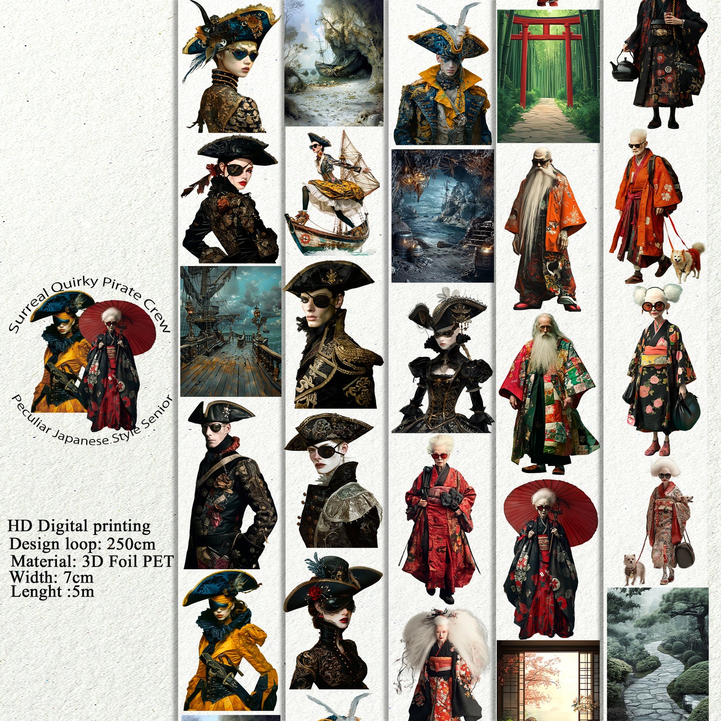 PET 3D raised Surreal Quirky Pirate Crew and Peculiar Japanese Style Senior tape,one roll fashion, junk journal, scrapbooking,bullet journal, card making.