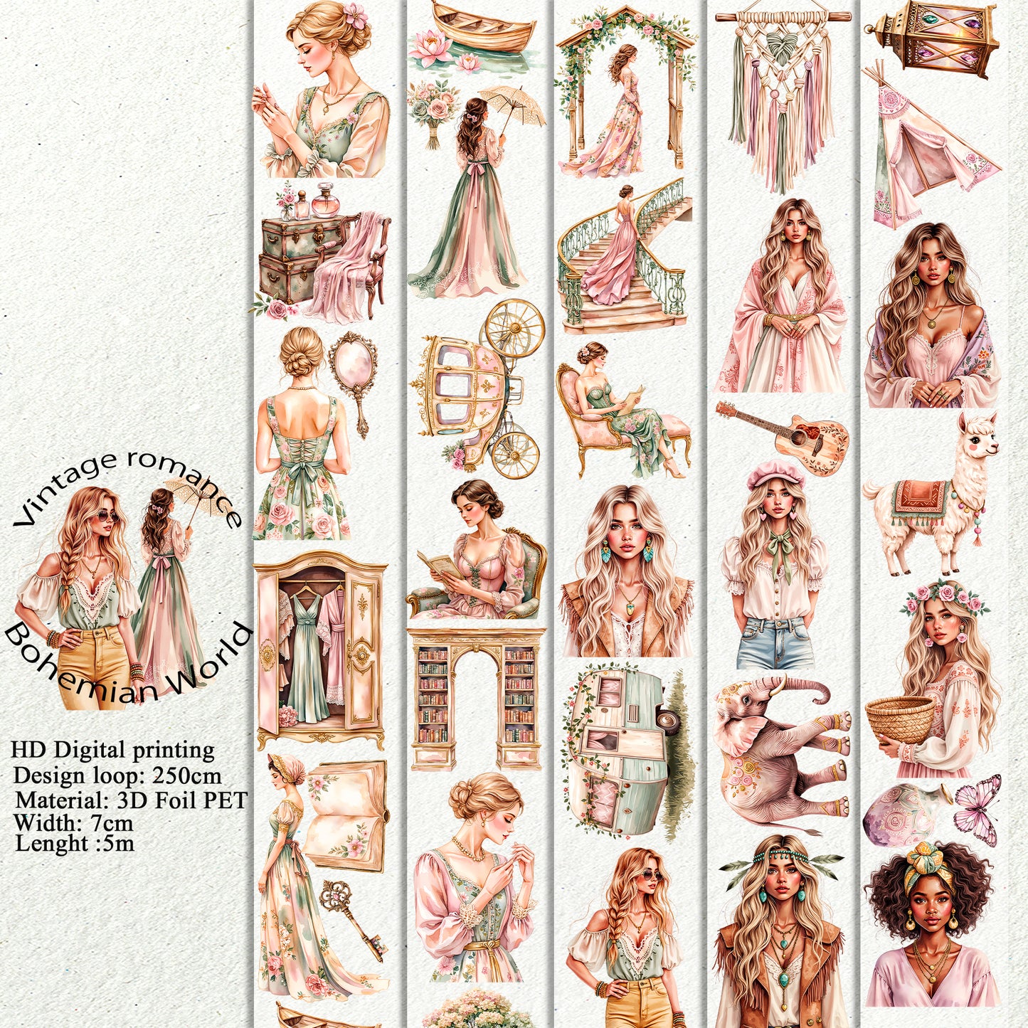 PET 3D raised Vintage romance and Bohemian World tape,one roll fashion, junk journal, scrapbooking,bullet journal, card making.