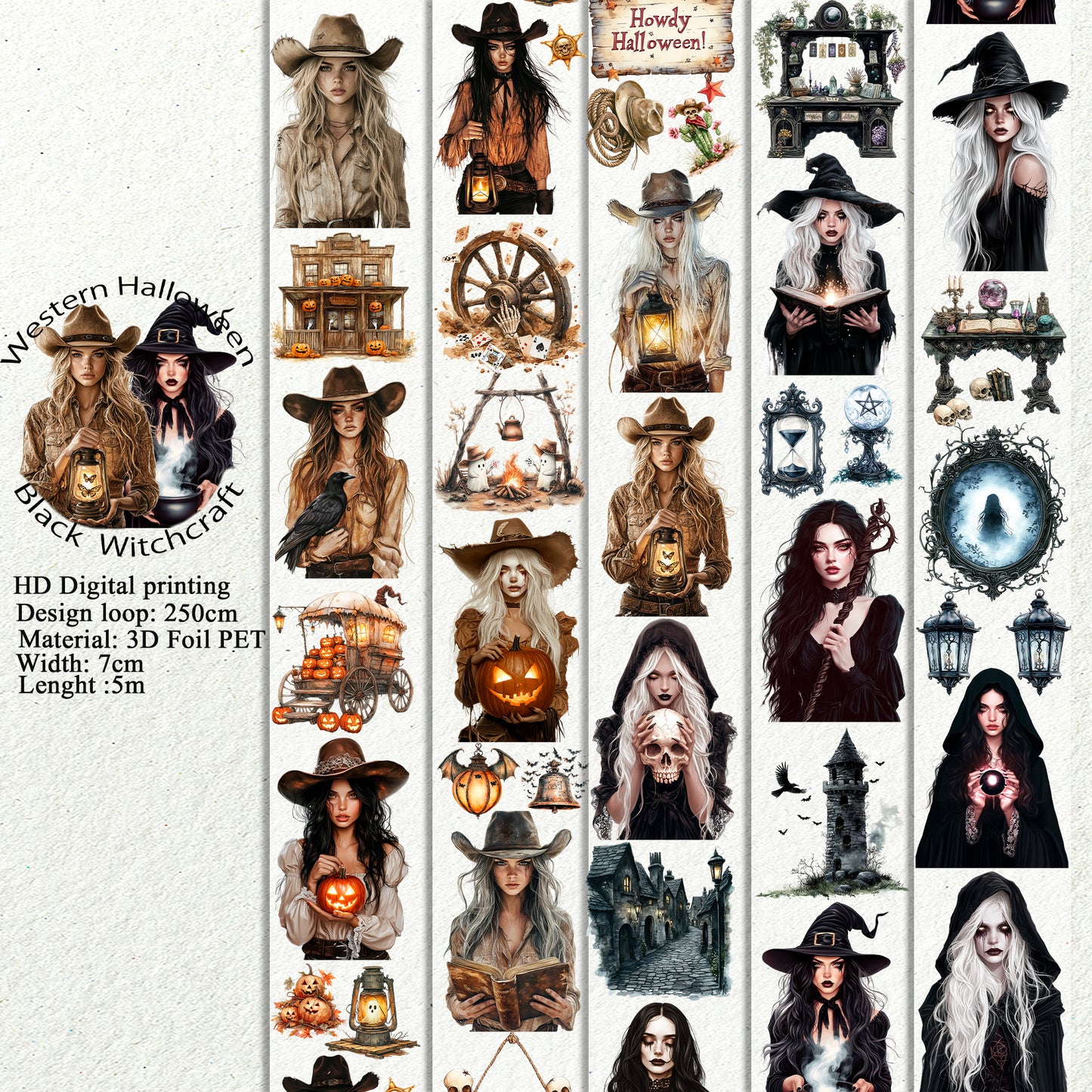 PET 3D raised Western Halloween and Black Witchcraft tape,one roll fashion, junk journal, scrapbooking,bullet journal, card making.