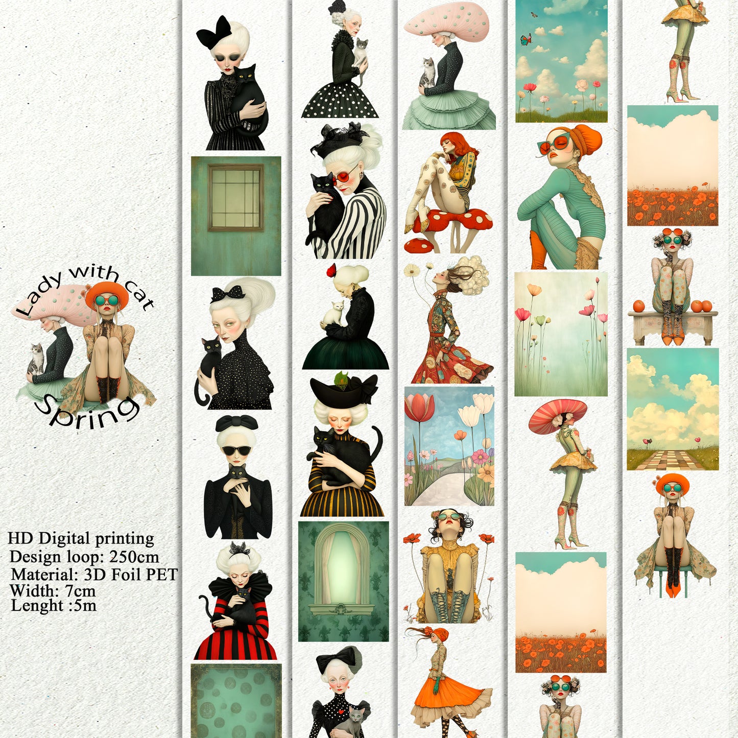 PET 3D raised Whimsical Lady with cat and Spring tape,one roll fashion, junk journal, scrapbooking,bullet journal, card making.