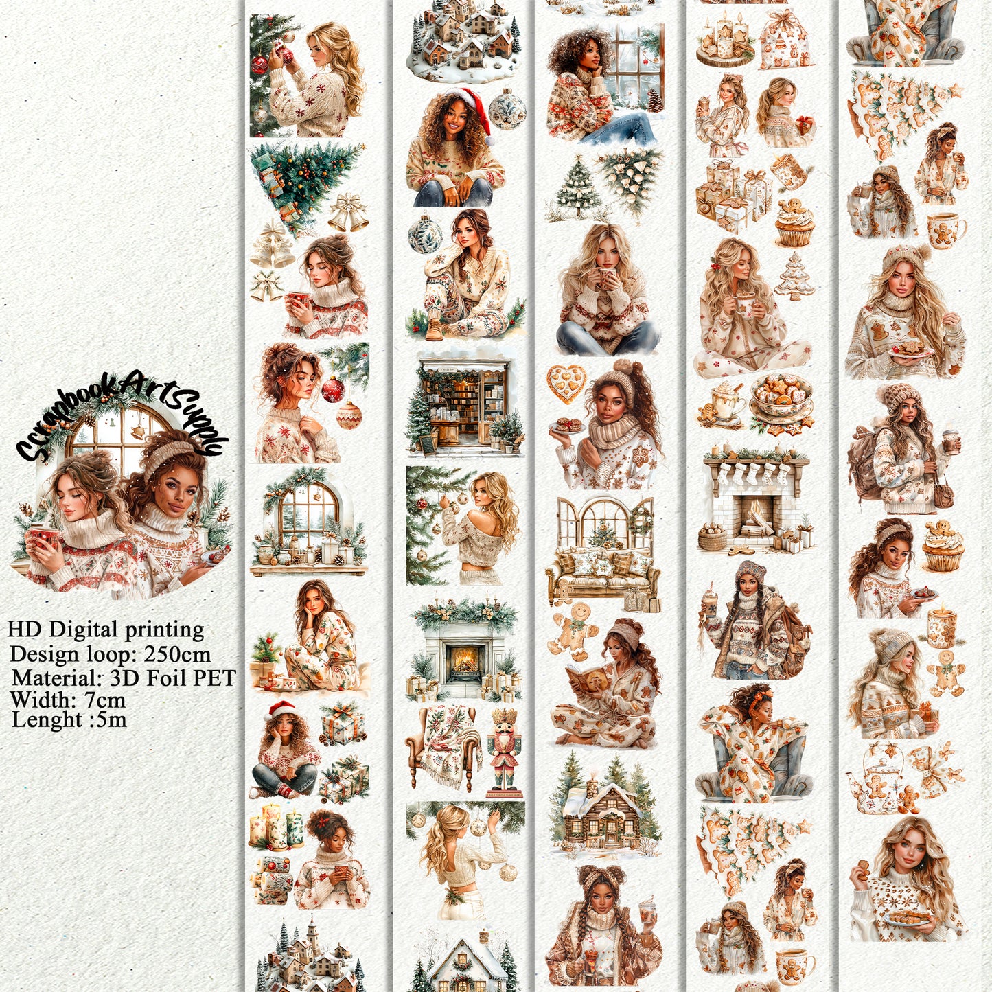 PET 3D raised tape boho and gingerbread Christmas day tape,one roll vintage fashion, junk journal, scrapbooking,bullet journal, card making.