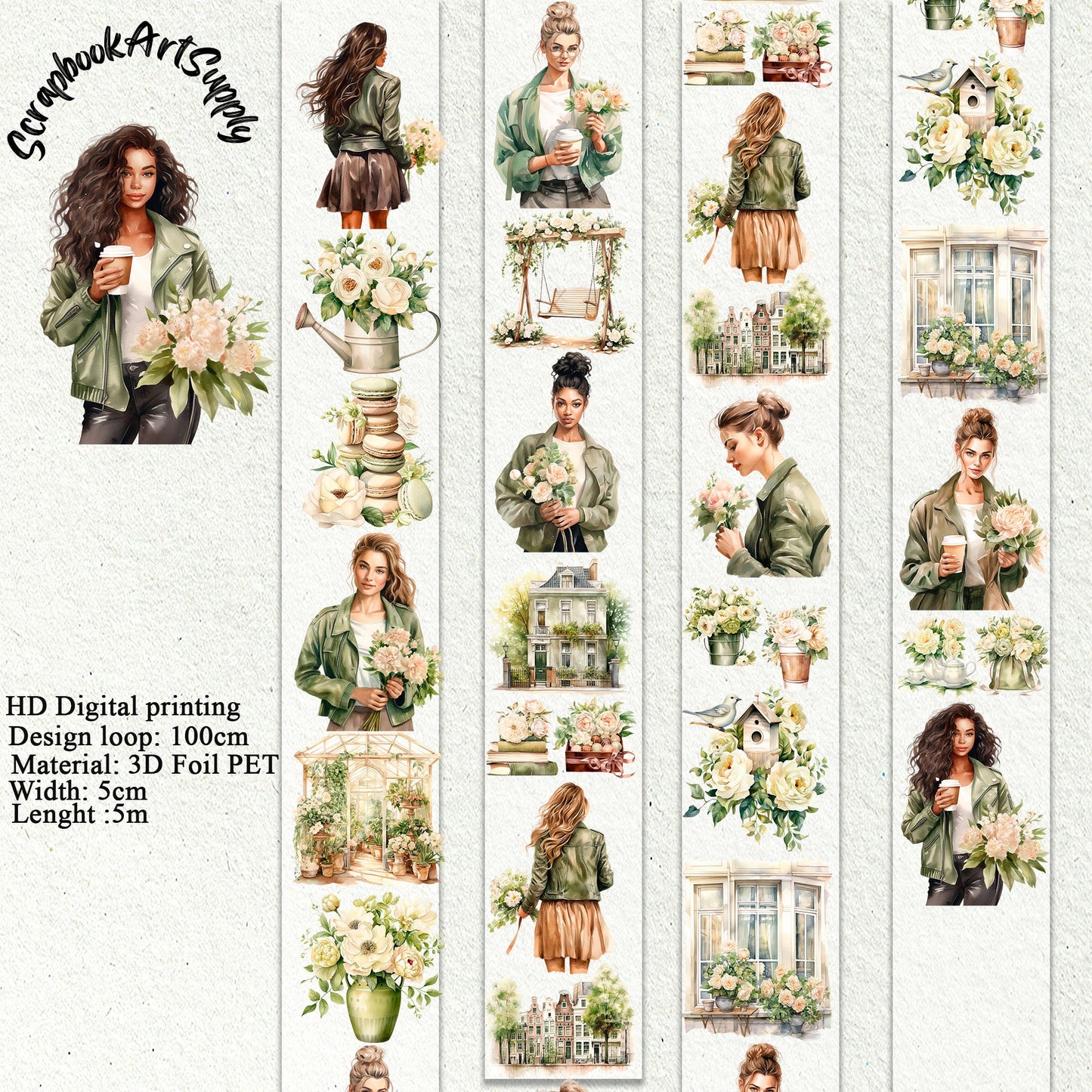 PET 3D tape spring green girls, one roll spring flowers, junk journal, scrapbooking, planners,card making, paper crafts.