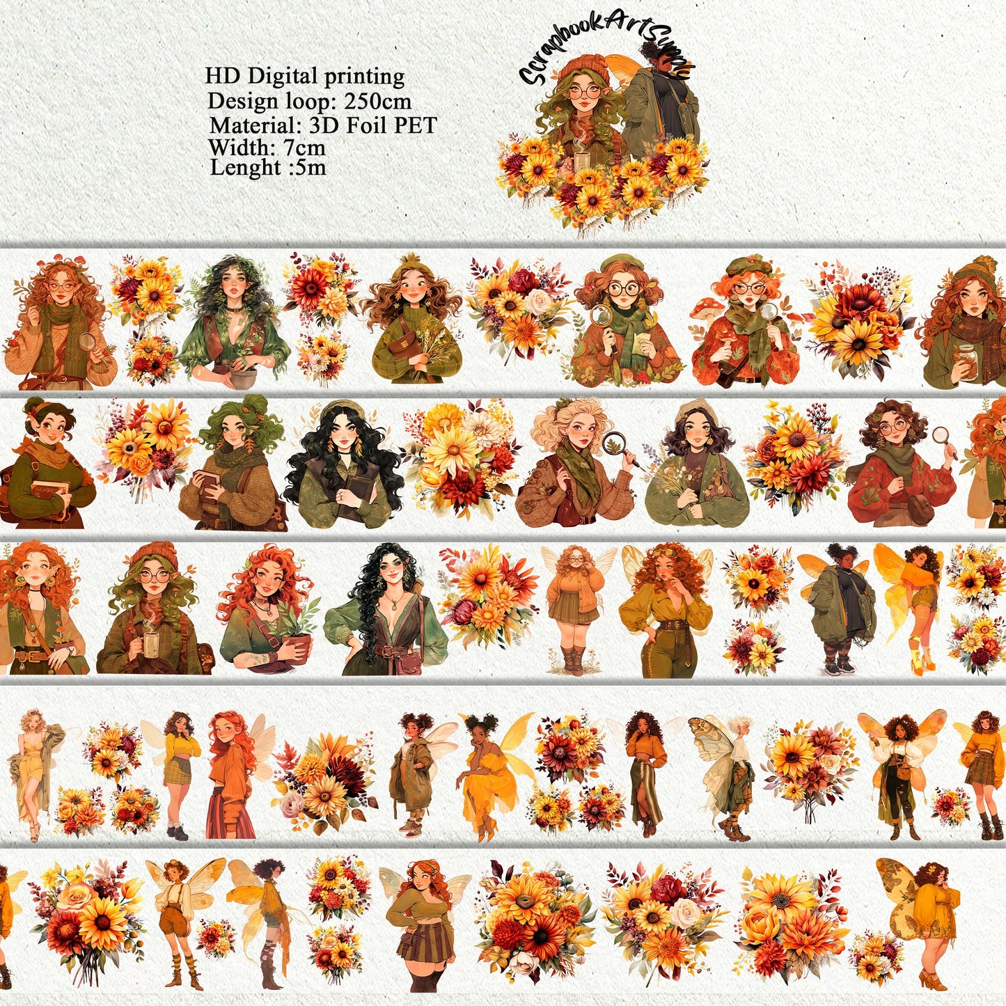 PET 3D raised tape autumn fairy girls tape,one roll vintage fashion, scrapbooking,bullet journal, planners,card making.