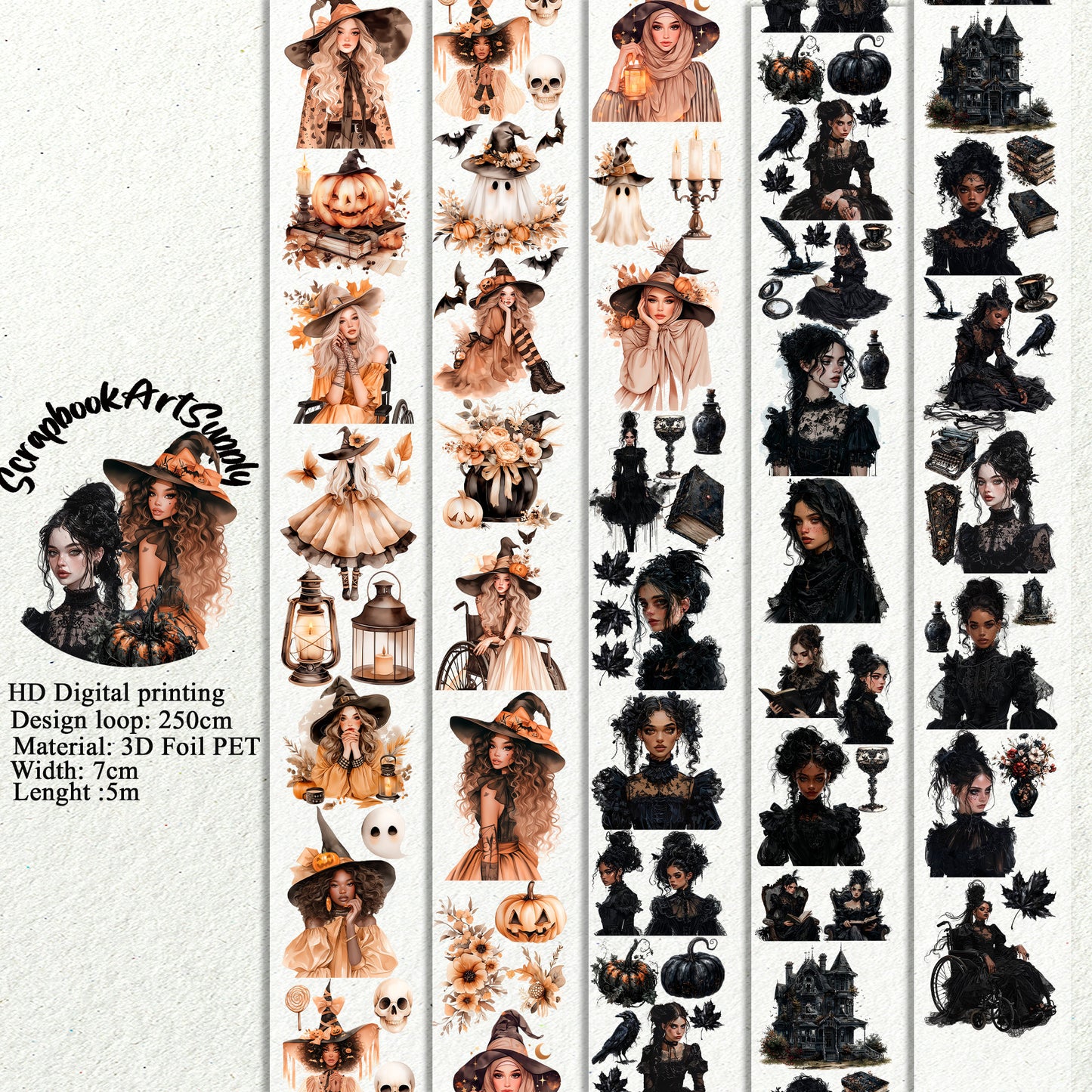 PET 3D raised tape beige&black Halloween tape,one roll vintage fashion, junk journal, scrapbooking,bullet journal, card making.