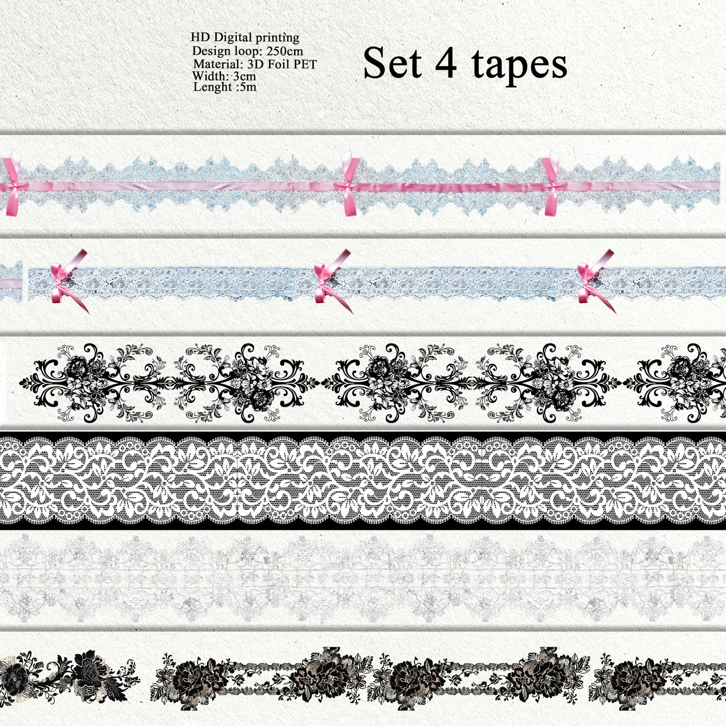 PET 3D raised lace set of 4 rolls tape,one roll fashion, junk journal, scrapbooking,bullet journal, card making.