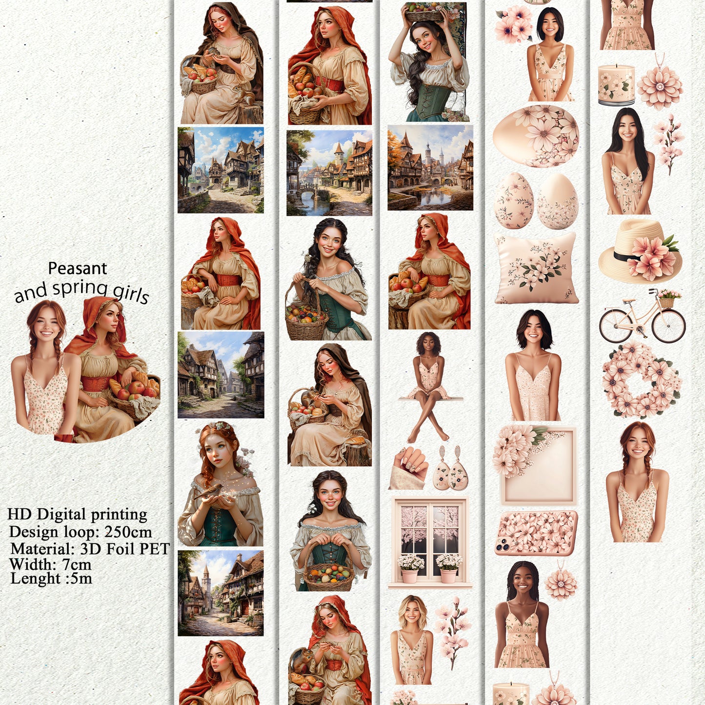 PET 3D raised peasant and spring girls tape,one roll fashion, junk journal, scrapbooking,bullet journal, card making.