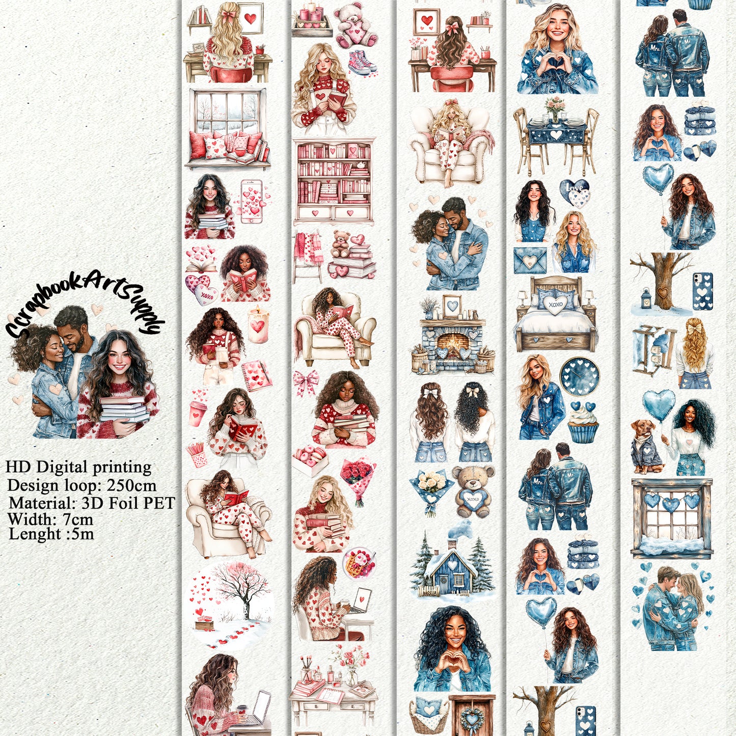 PET 3D raised tape planner and denim love tape,one roll fashion, junk journal, scrapbooking,bullet journal, card making.