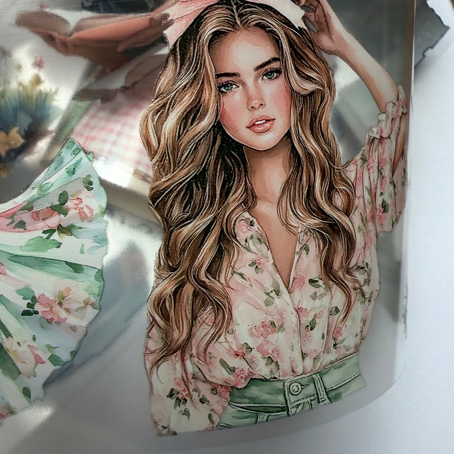 PET 3D raised Alice in Wonderland and Blush mint tape,one roll fashion, junk journal, scrapbooking,bullet journal, card making.