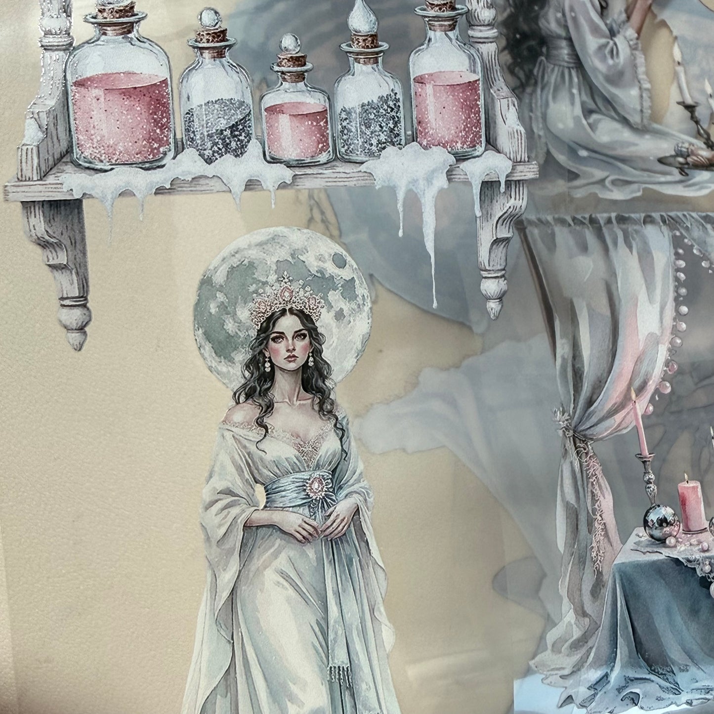 Citrine Winter Witch and  Pearl Winter Witch  PET 3D raised tape,one roll fashion, junk journal, scrapbooking,bullet journal, card making.