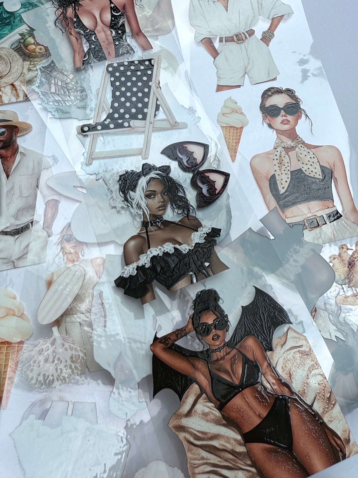 PET 3D raised Neutral Tides and Gothic Girl Summer people tape,one roll fashion, junk journal, scrapbooking,bullet journal, card making.